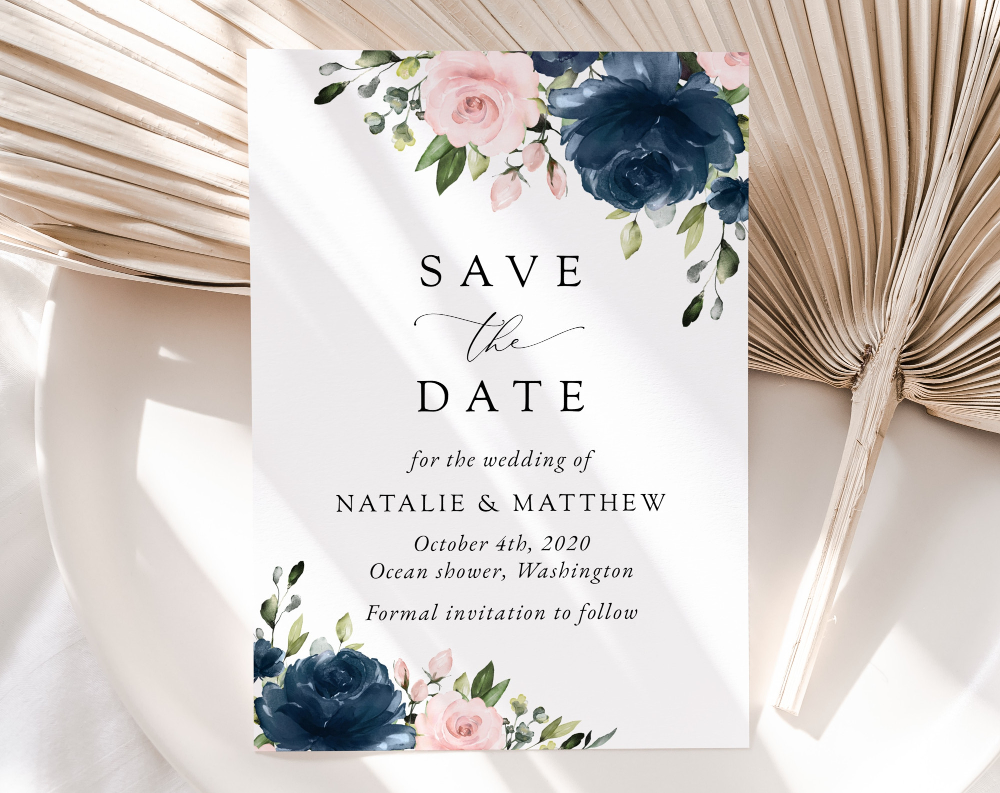 Navy and Blush Flowers Save the Date, Wedding Stationery, Printable File, Edit Yourself, SH04