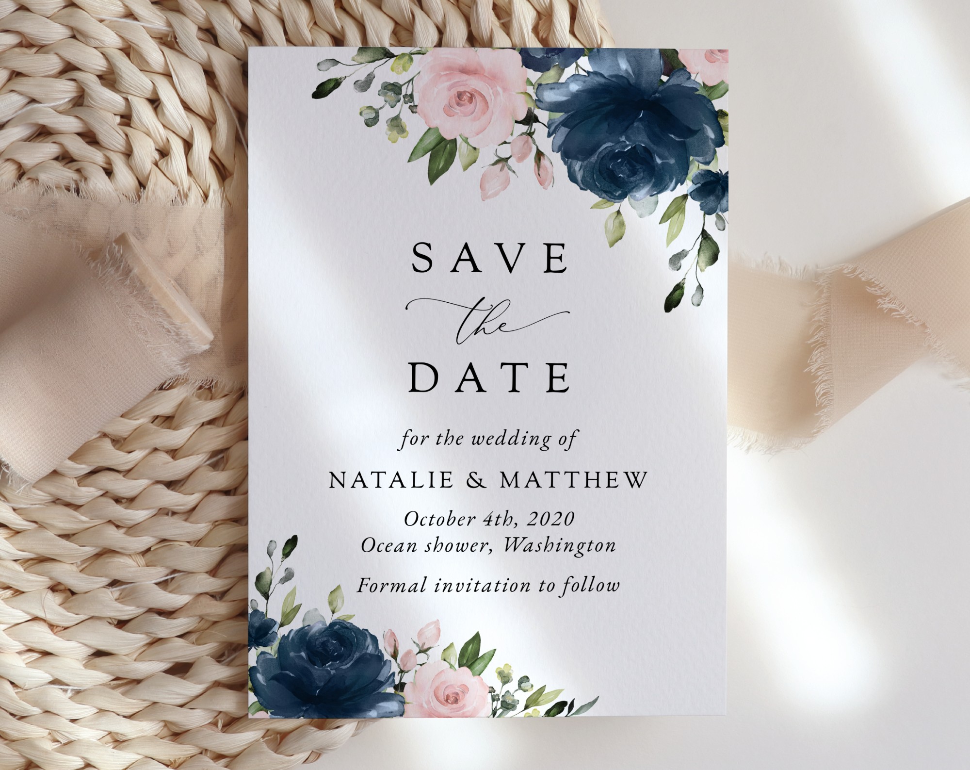 Navy and Blush Flowers Save the Date, Wedding Stationery, Printable File, Edit Yourself, SH04