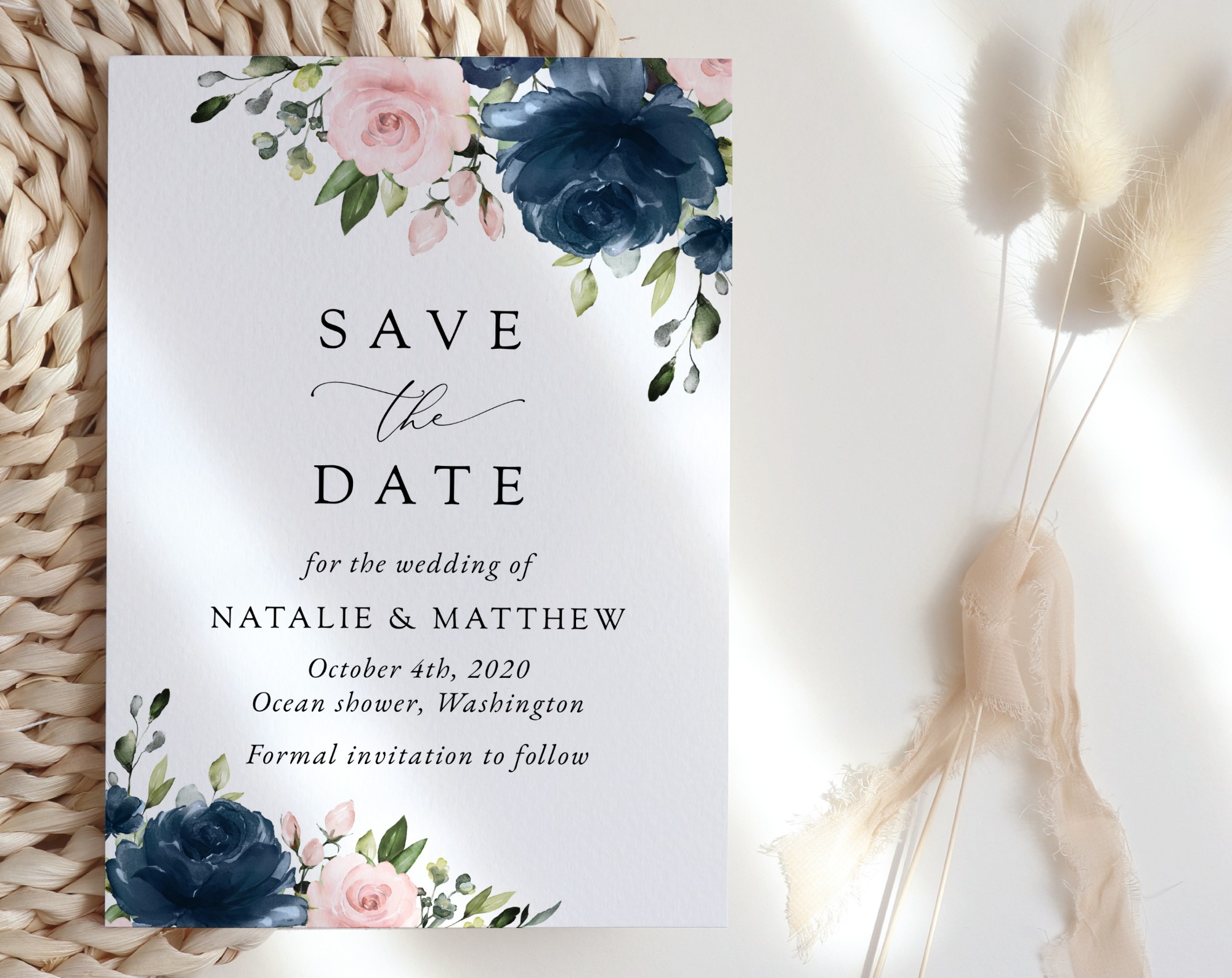 Navy and Blush Flowers Save the Date, Wedding Stationery, Printable File, Edit Yourself, SH04