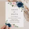 Navy and Blush Flowers Save the Date, Wedding Stationery, Printable File, Edit Yourself, SH04