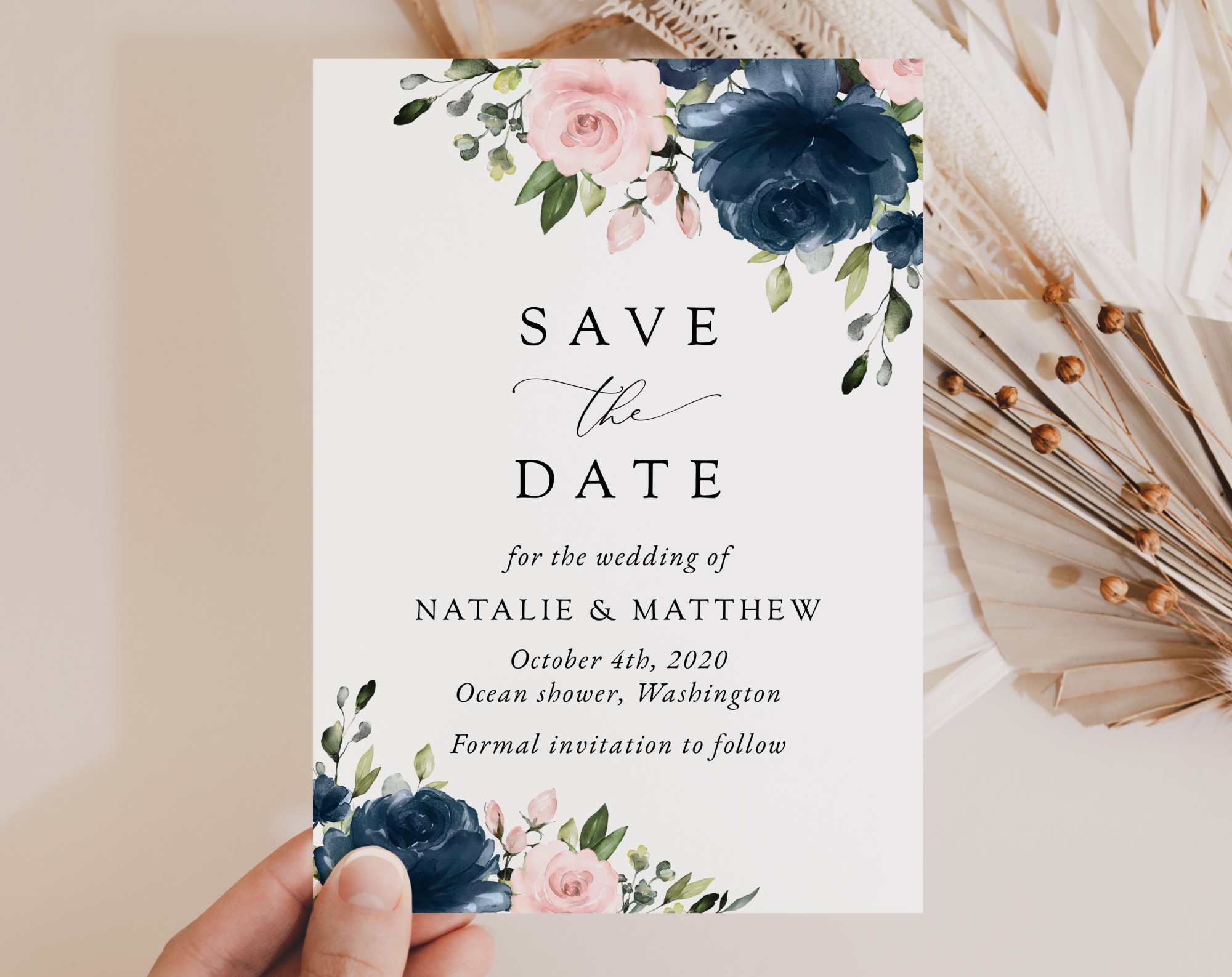 Navy and Blush Flowers Save the Date, Wedding Stationery, Printable File, Edit Yourself, SH04 Navy and Blush Flowers Save the Date, Wedding Stationery, Printable File, Edit Yourself, SH04