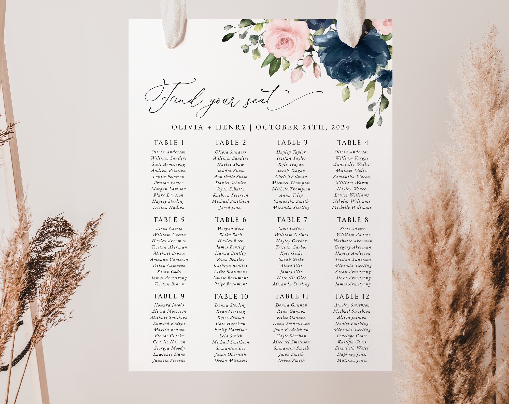 Navy and Blush Flowers Seating Chart, Wedding Sign, Printable File, Edit Yourself, SH04