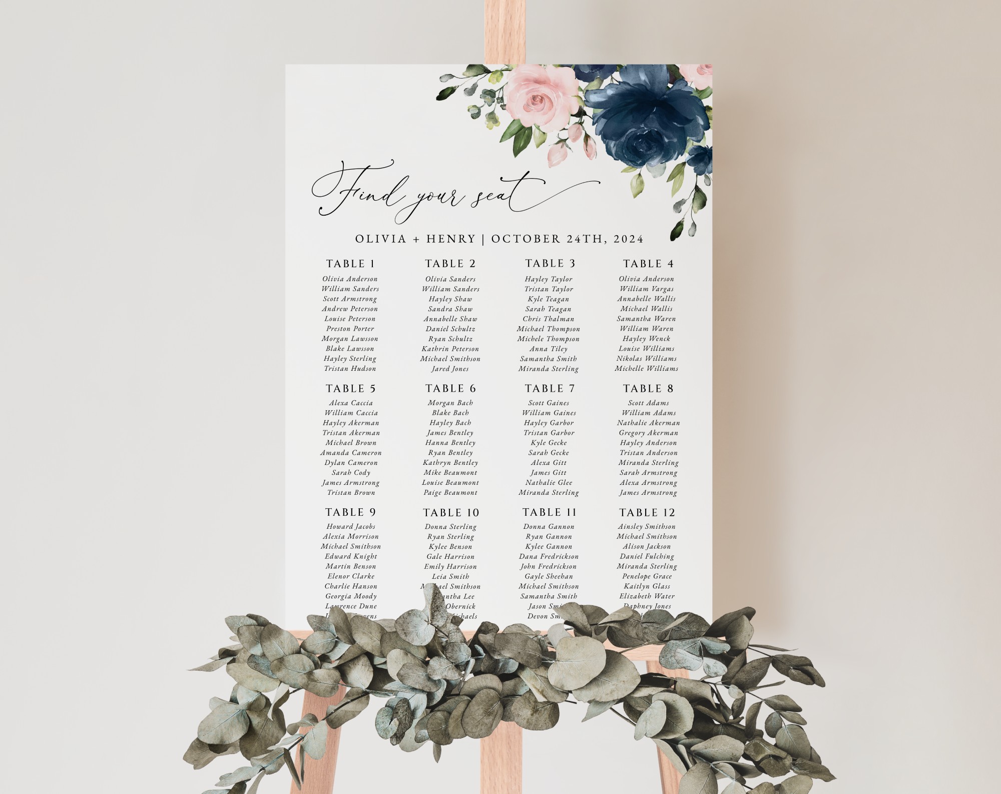 Navy and Blush Flowers Seating Chart, Wedding Sign, Printable File, Edit Yourself, SH04