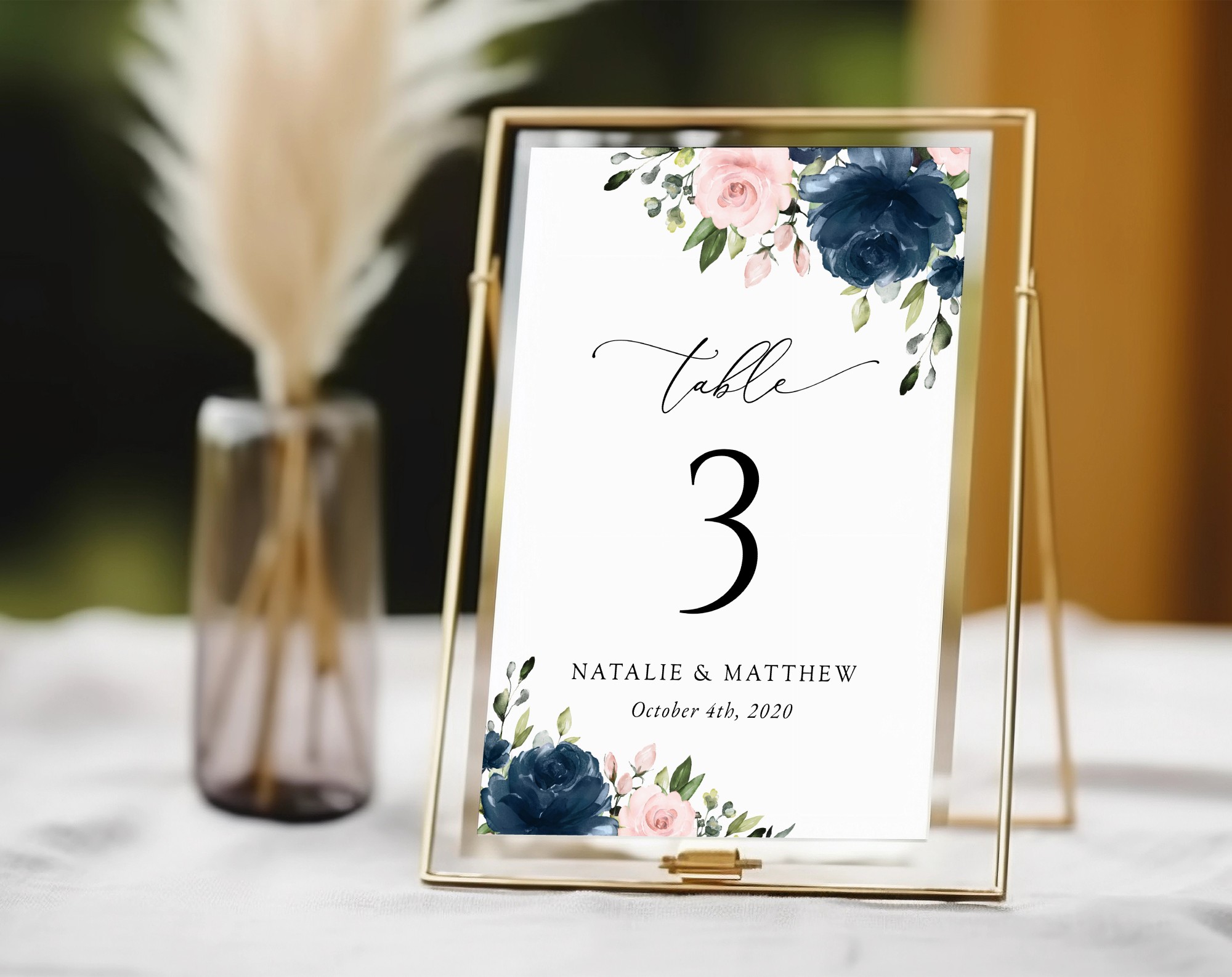 Navy and Blush Flowers Table Number Sign, Wedding Sign, Printable File, Edit Yourself, SH04 Navy and Blush Flowers Table Number Sign, Wedding Sign, Printable File, Edit Yourself, SH04