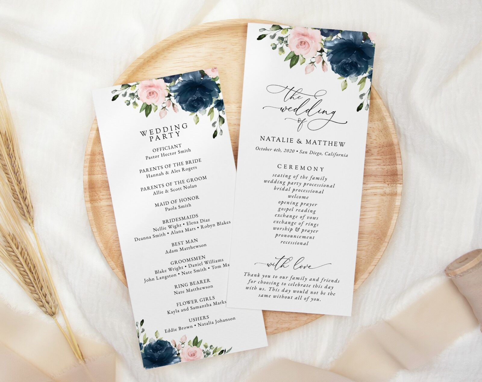 Navy Blue and Blush Pink Flowers Wedding Program - Itinerary