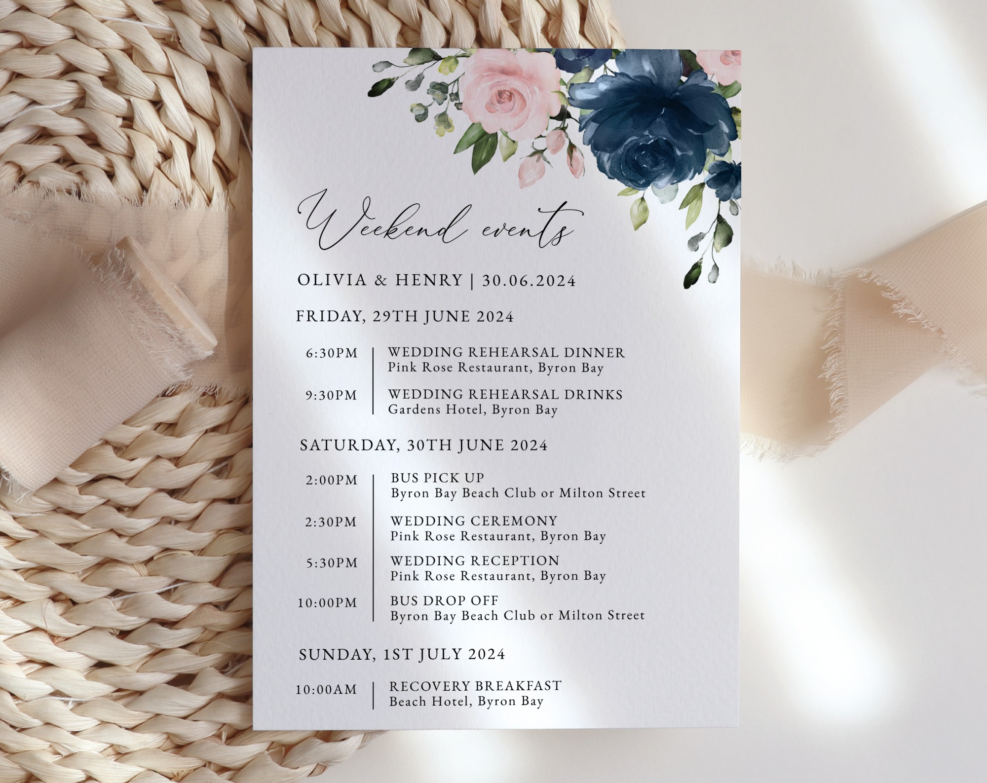 Navy and Blush Flowers Wedding Timeline, Wedding Stationery, Printable File, Edit Yourself, SH04