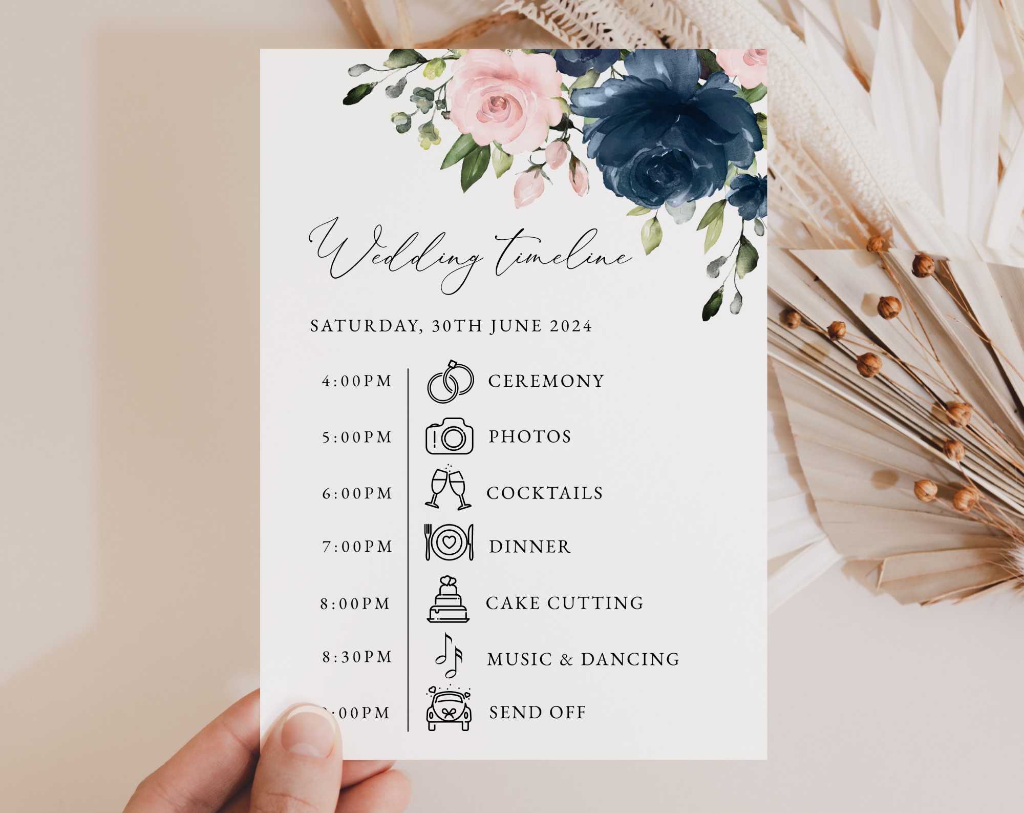 Navy and Blush Flowers Wedding Timeline, Wedding Stationery, Printable File, Edit Yourself, SH04