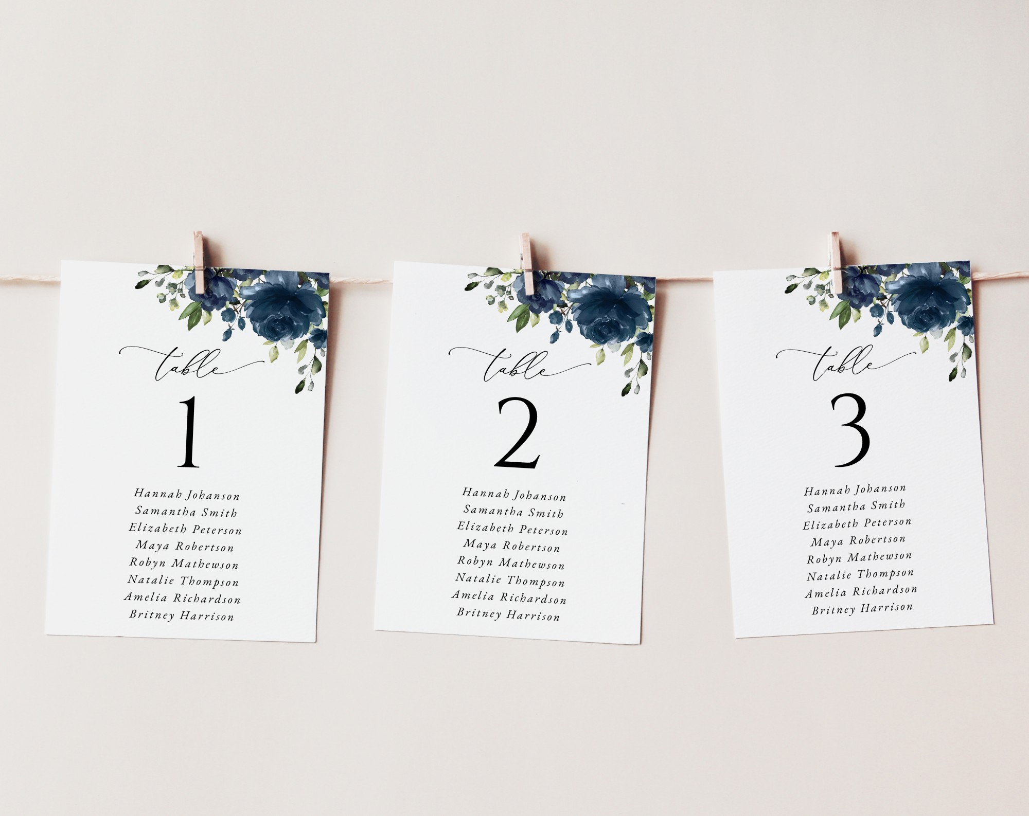 Navy Blue Flowers Seating Cards, Wedding Stationery, Printable File, Edit Yourself, SH16