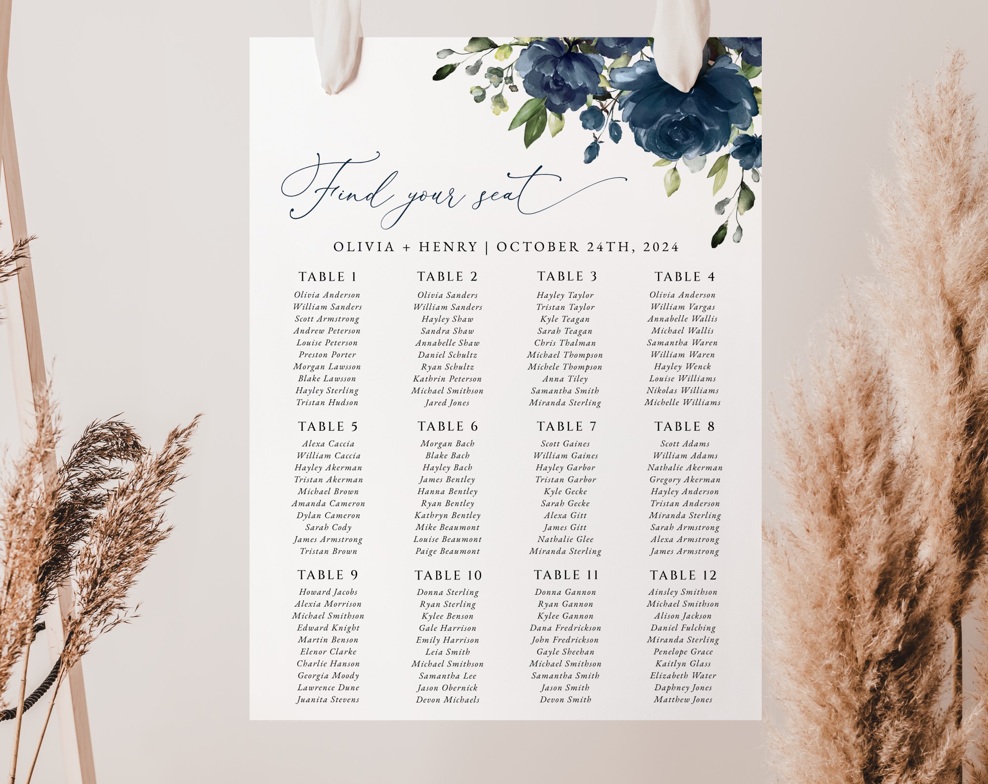 Navy Blue Flowers Seating Chart, Wedding Sign, Printable File, Edit Yourself, SH16