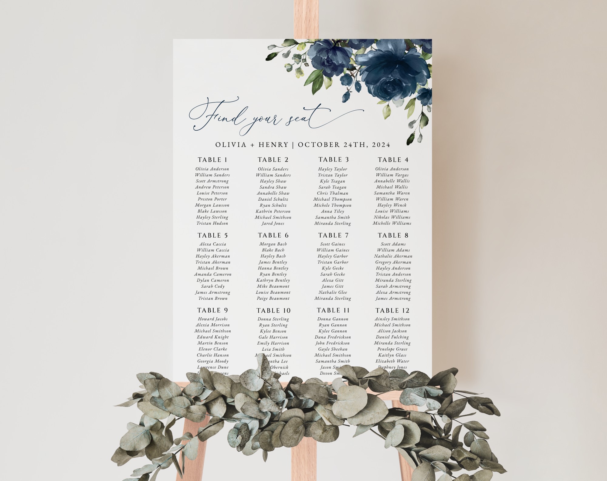 Navy Blue Flowers Seating Chart, Wedding Sign, Printable File, Edit Yourself, SH16