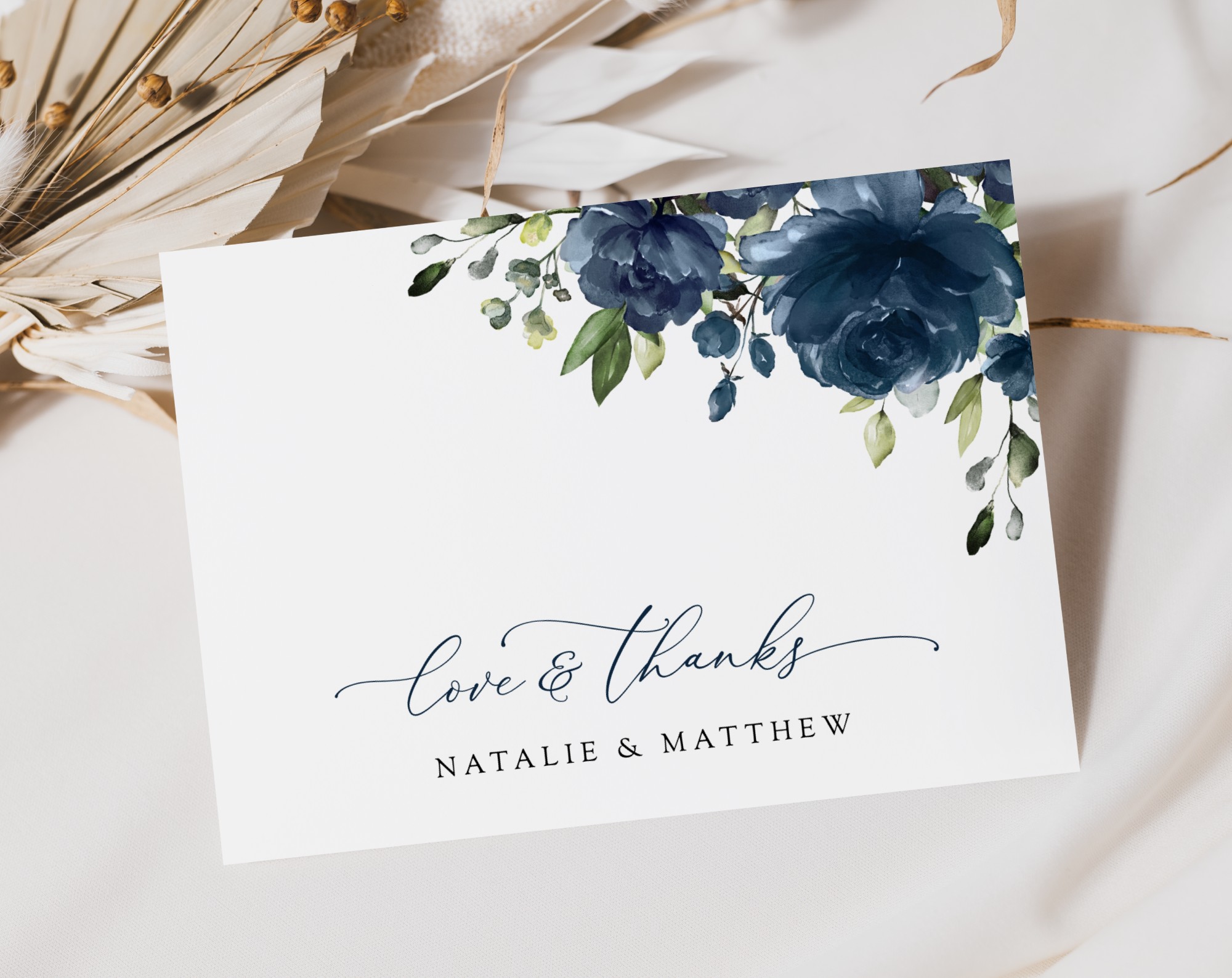 Navy Blue Flowers Thank You Card, Wedding Stationery, Printable File, Edit Yourself, SH16