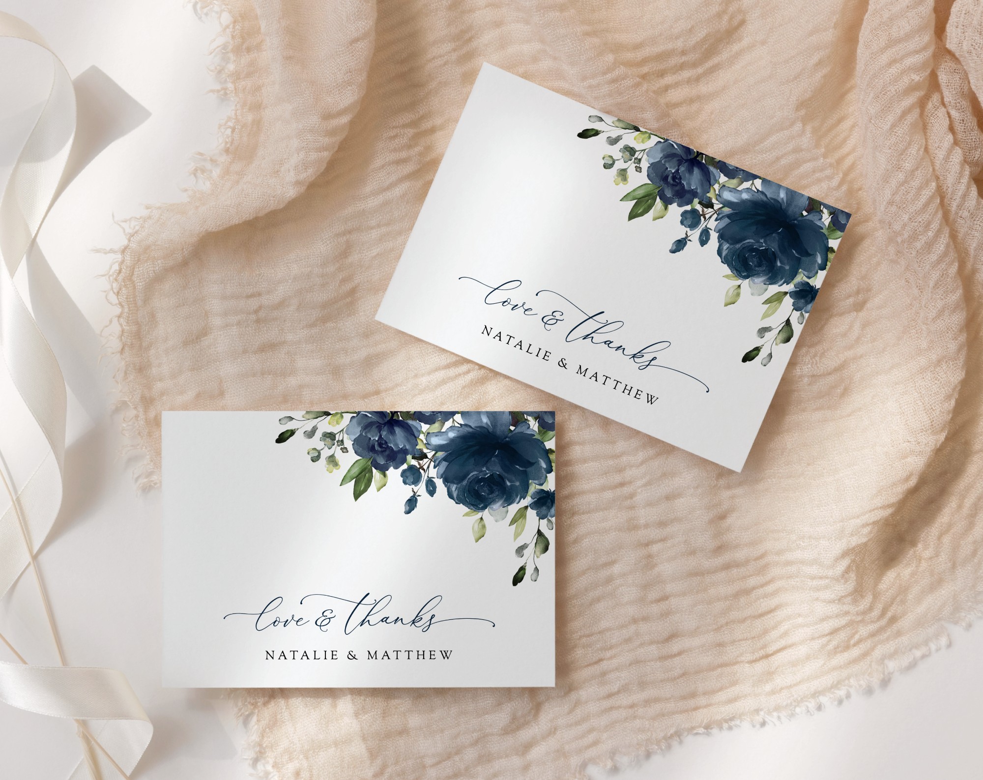 Navy Blue Flowers Thank You Card - Wedding Stationery