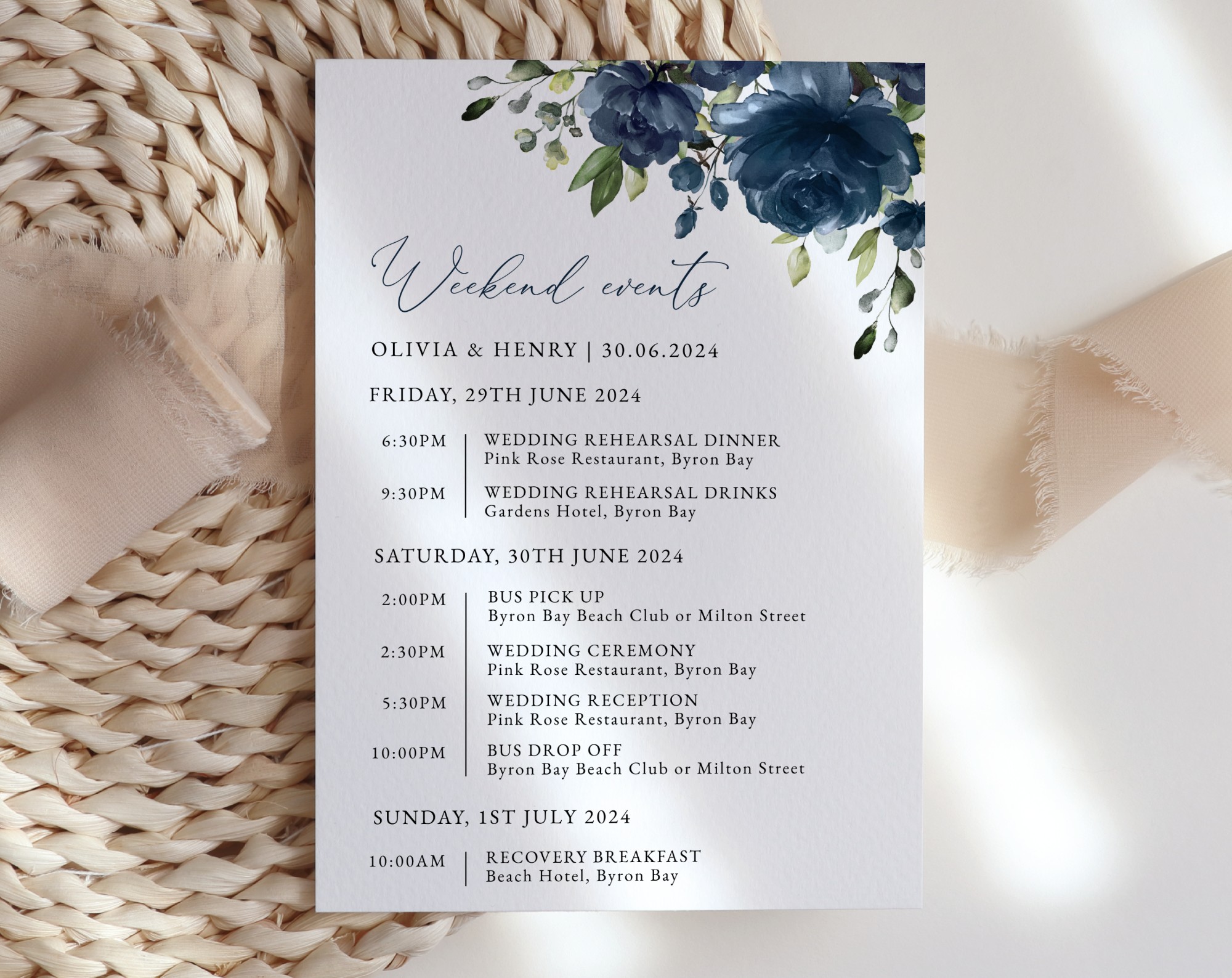 Navy Blue Flowers Wedding Timeline, Wedding Stationery, Printable File, Edit Yourself, SH16
