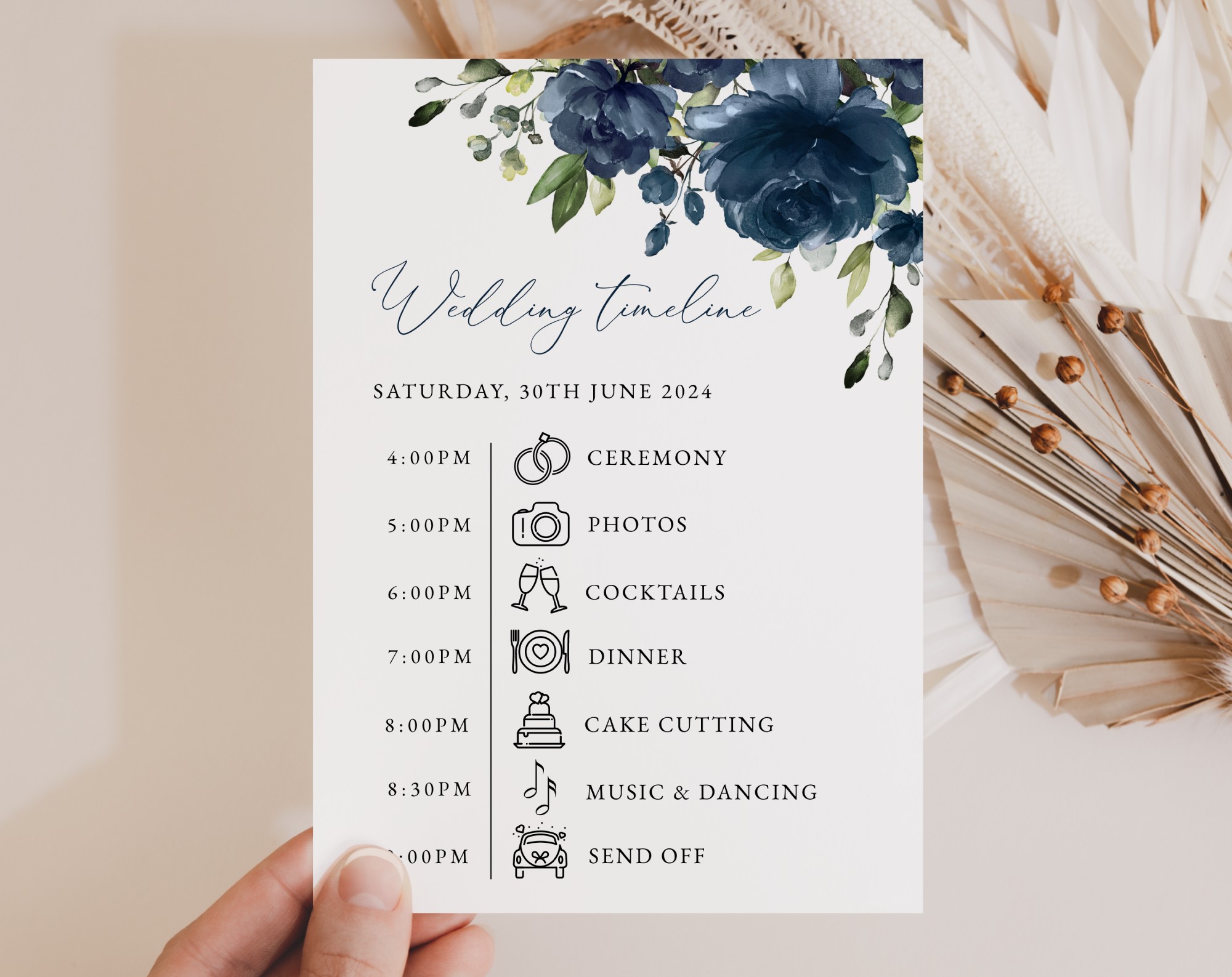 Navy Blue Flowers Wedding Timeline, Wedding Stationery, Printable File, Edit Yourself, SH16