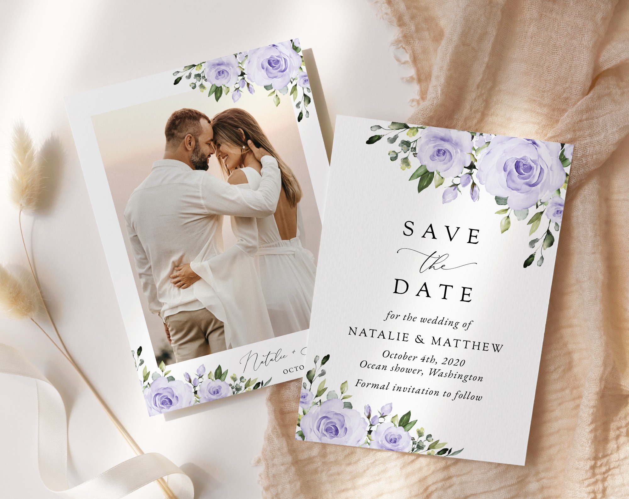 Purple Flowers Save the Date, Wedding Stationery, Printable File, Edit Yourself, SH29