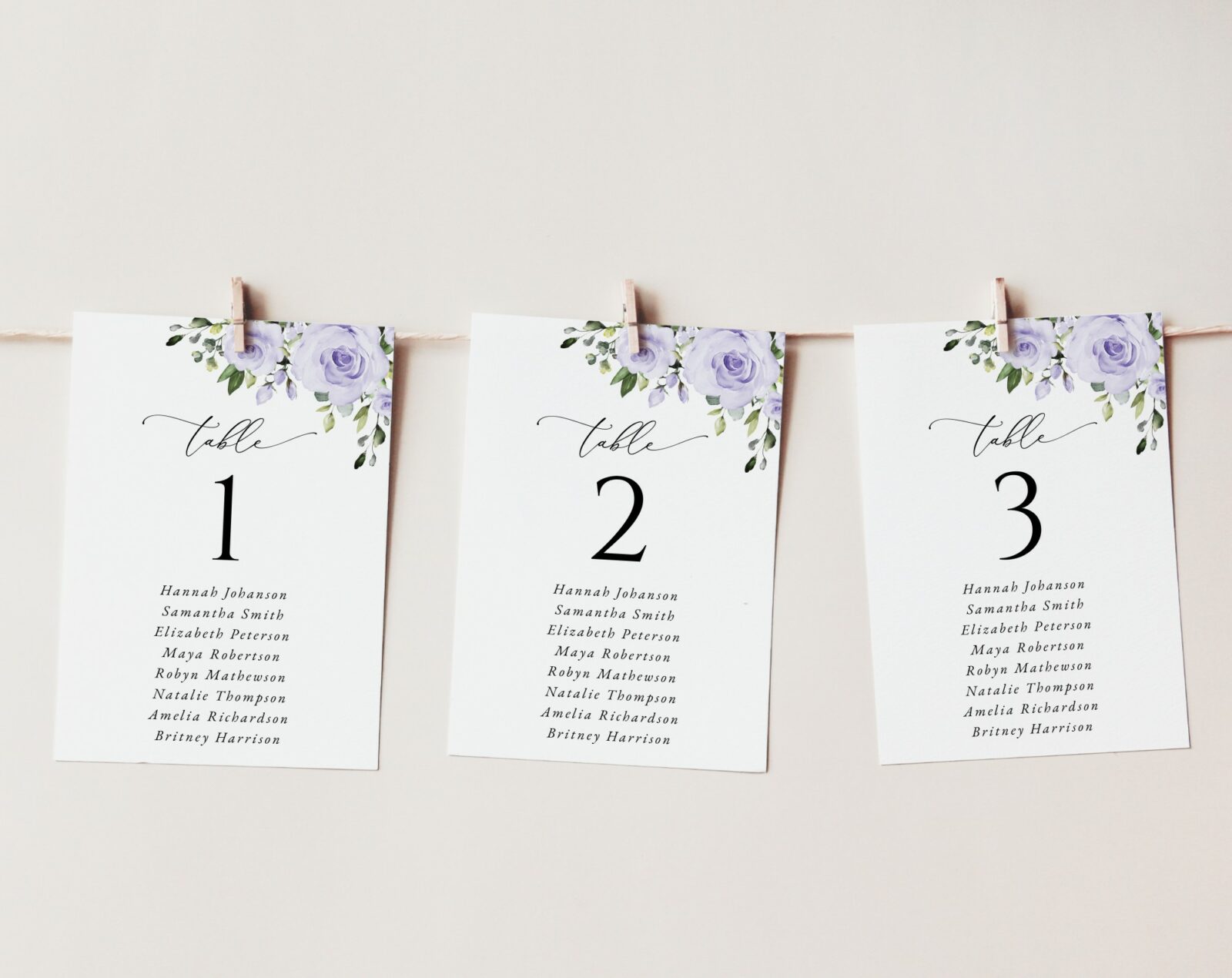 Purple Flowers Wedding Seating Cards