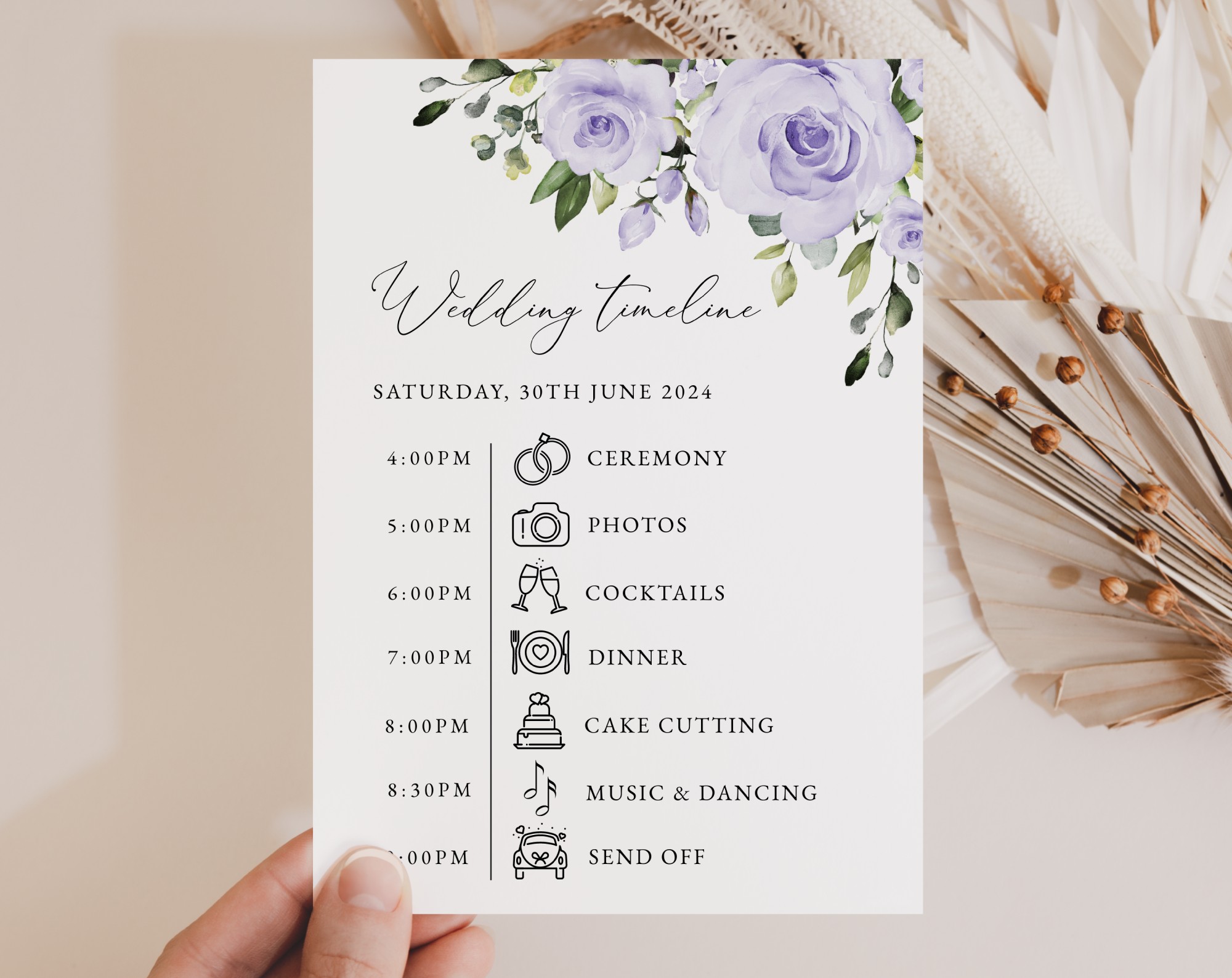 Purple Flowers Wedding Timeline, Wedding Stationery, Printable File, Edit Yourself, SH29 Purple Flowers Wedding Timeline, Wedding Stationery, Printable File, Edit Yourself, SH29