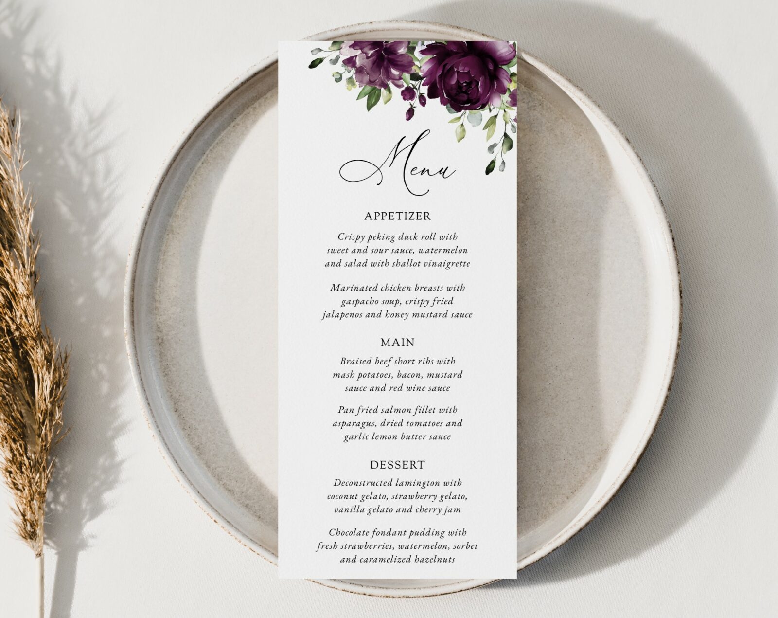 Plum Purple Flowers Wedding Menu - Wedding Stationery