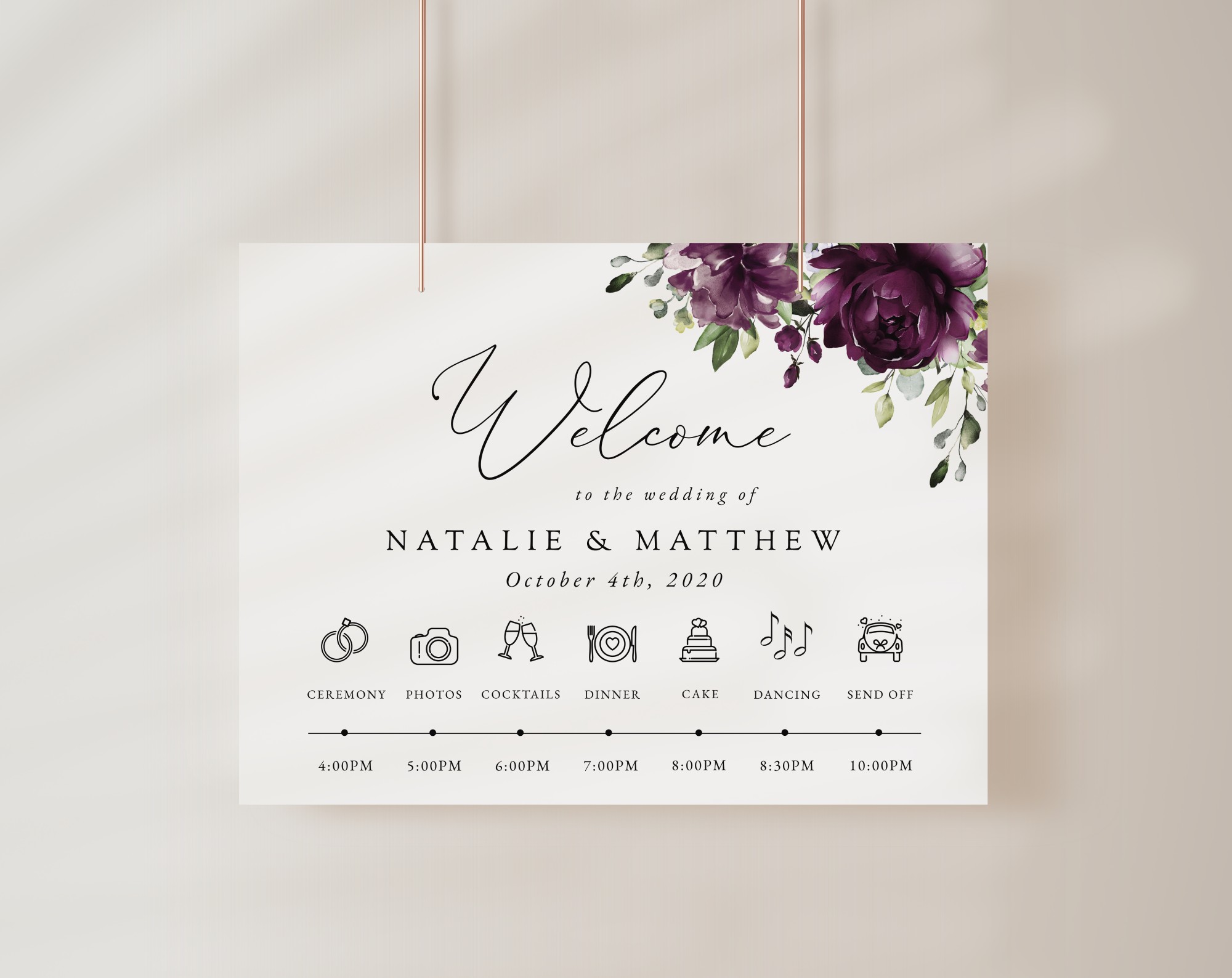 Plum Purple Flowers Order of Events Sign, Welcome Sign, Printable File, Edit Yourself, SH31