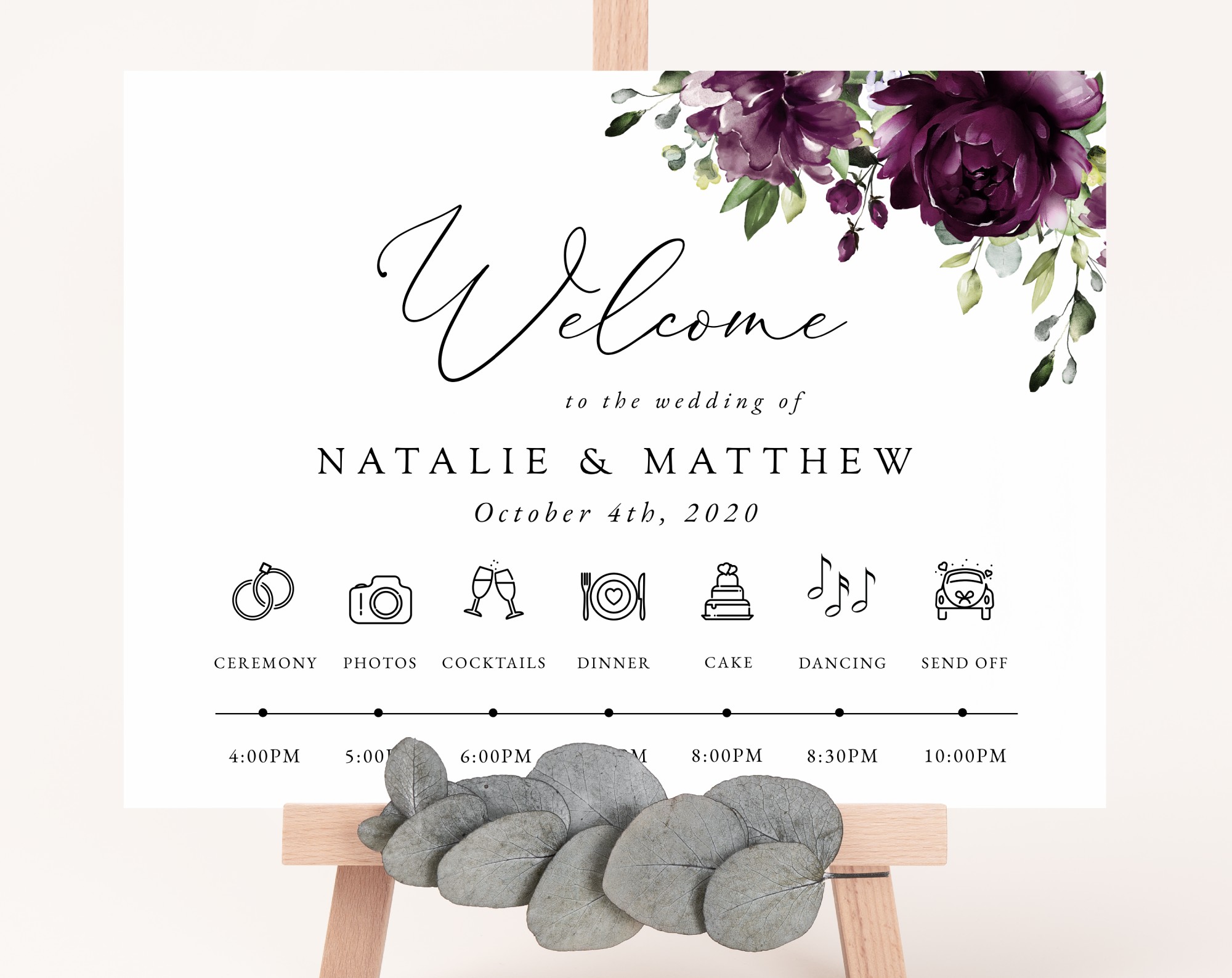 Plum Purple Flowers Order of Events Sign, Welcome Sign, Printable File, Edit Yourself, SH31