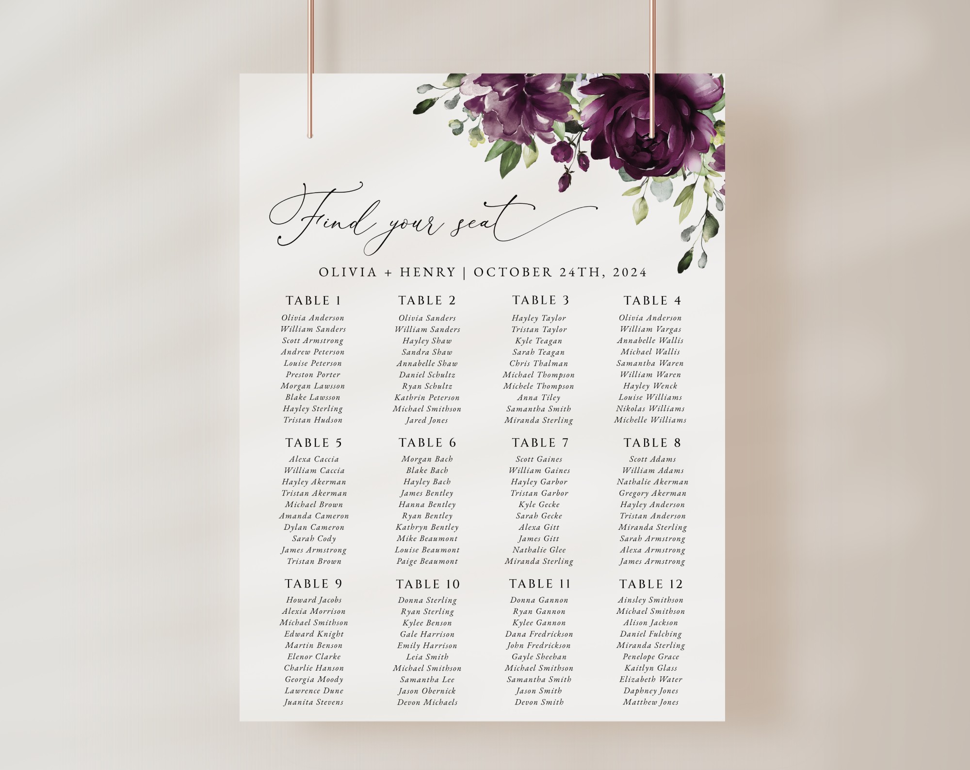 Plum Purple Flowers Seating Chart, Wedding Sign, Printable File, Edit Yourself, SH31