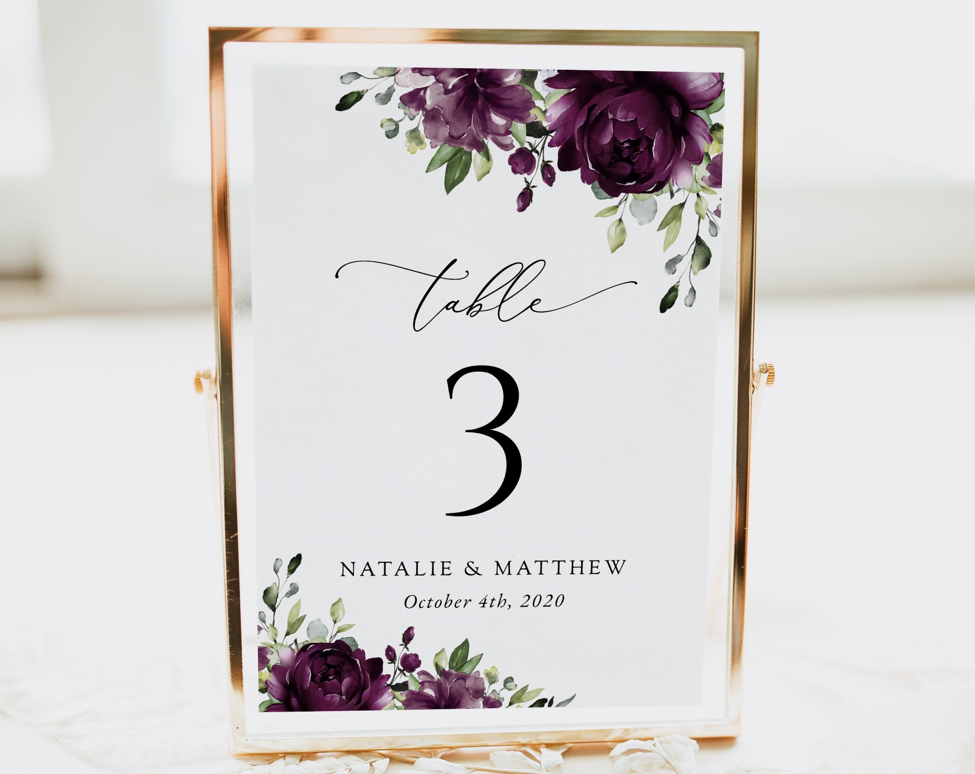 Plum Purple Flowers Table Number Sign, Wedding Sign, Printable File, Edit Yourself, SH31