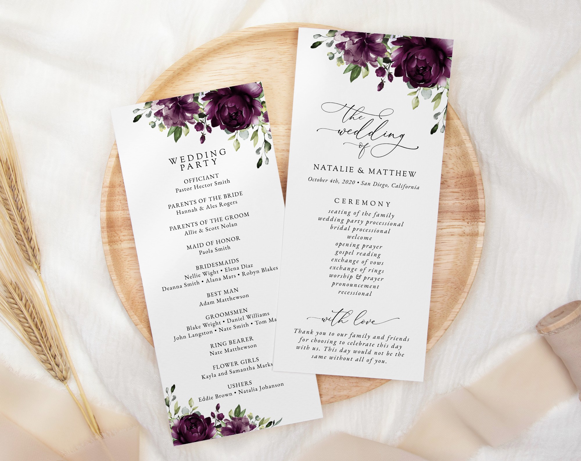Plum Purple Flowers Wedding Program, Wedding Stationery, Printable File, Edit Yourself, SH31