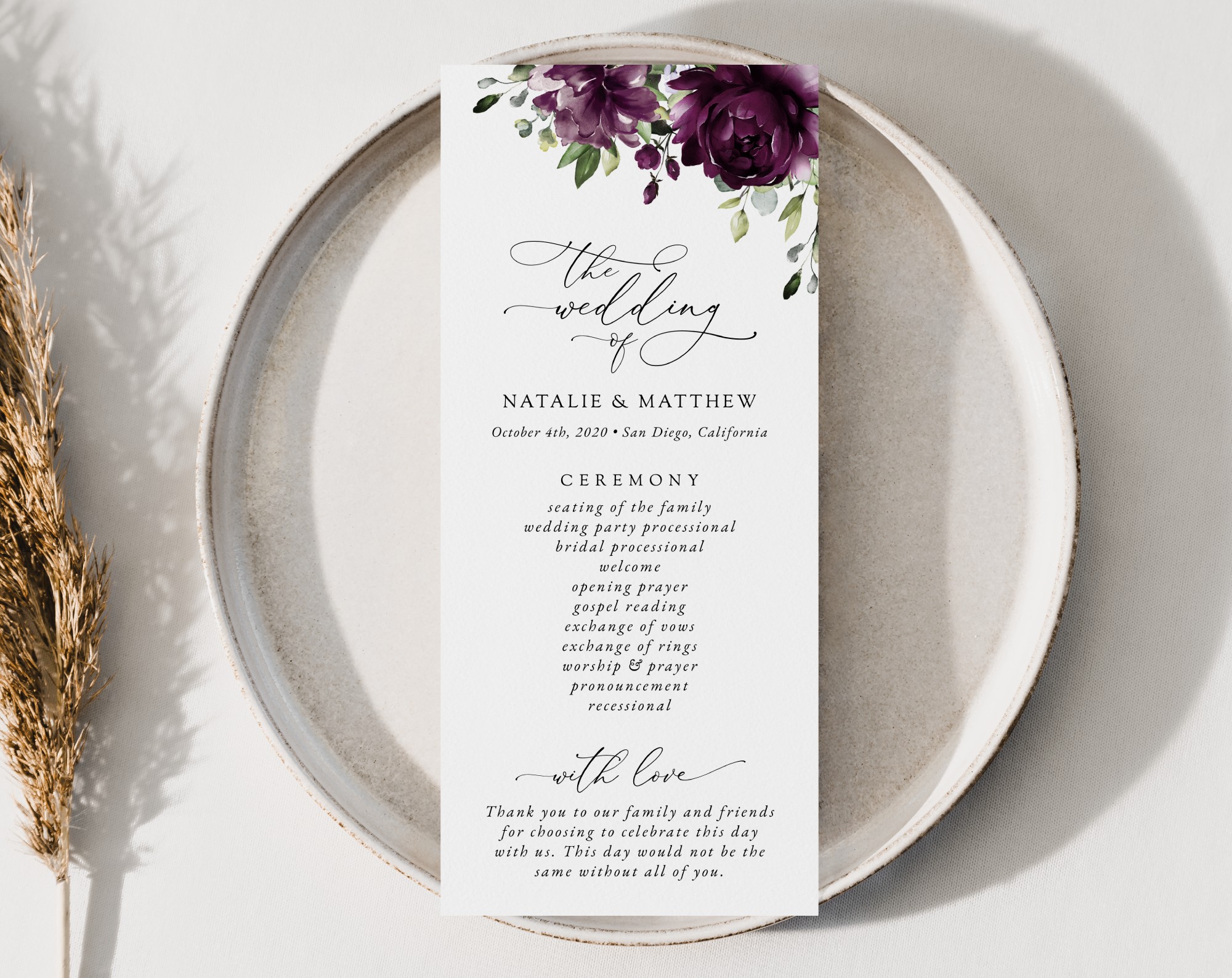Plum Purple Flowers Wedding Program, Wedding Stationery, Printable File, Edit Yourself, SH31