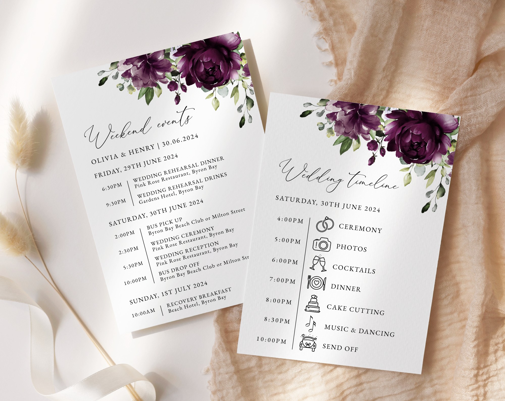 Plum Purple Flowers Wedding Timeline, Wedding Stationery, Printable File, Edit Yourself, SH31 Plum Purple Flowers Wedding Timeline, Wedding Stationery, Printable File, Edit Yourself, SH31