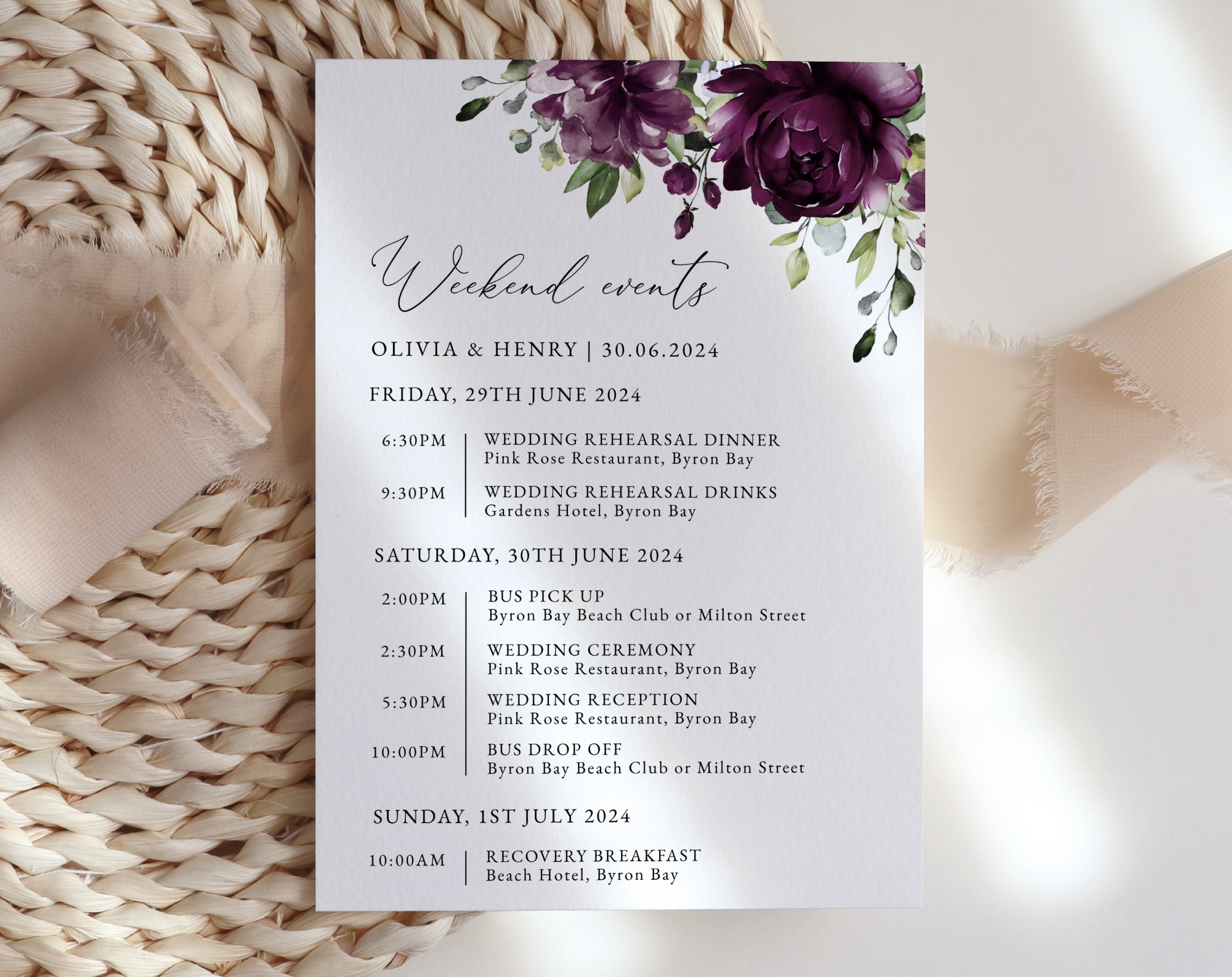 Plum Purple Flowers Wedding Timeline, Wedding Stationery, Printable File, Edit Yourself, SH31