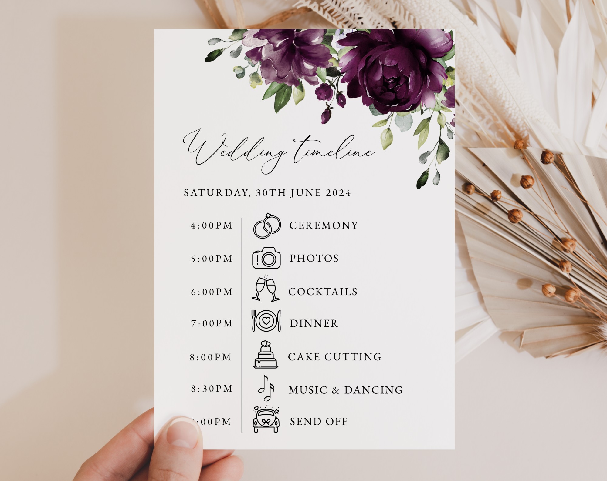 Plum Purple Flowers Wedding Timeline, Wedding Stationery, Printable File, Edit Yourself, SH31