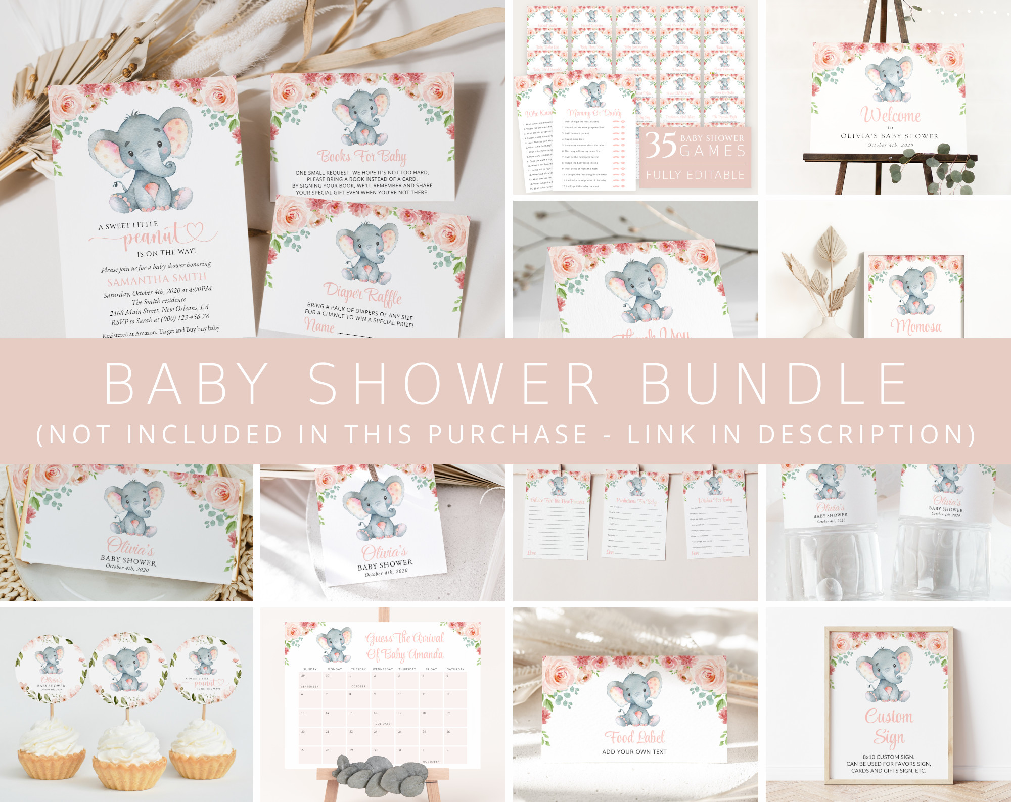 Little Elephant Baby Shower Bundle, Girl Baby Shower, Printable File, Edit Yourself, SH07