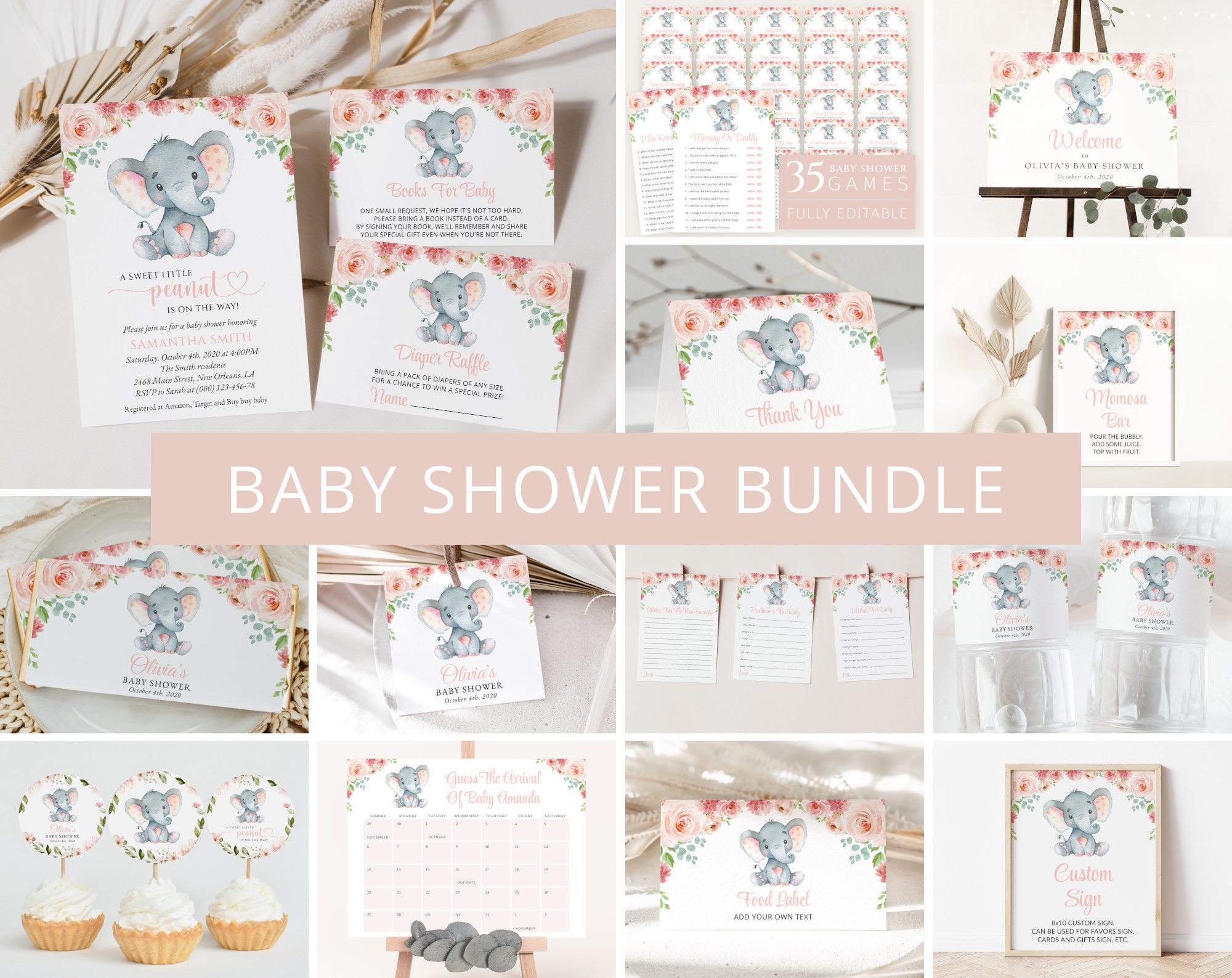 Little Elephant Baby Shower Bundle, Girl Baby Shower, Printable File, Edit Yourself, SH07 Little Elephant Baby Shower Bundle, Girl Baby Shower, Printable File, Edit Yourself, SH07