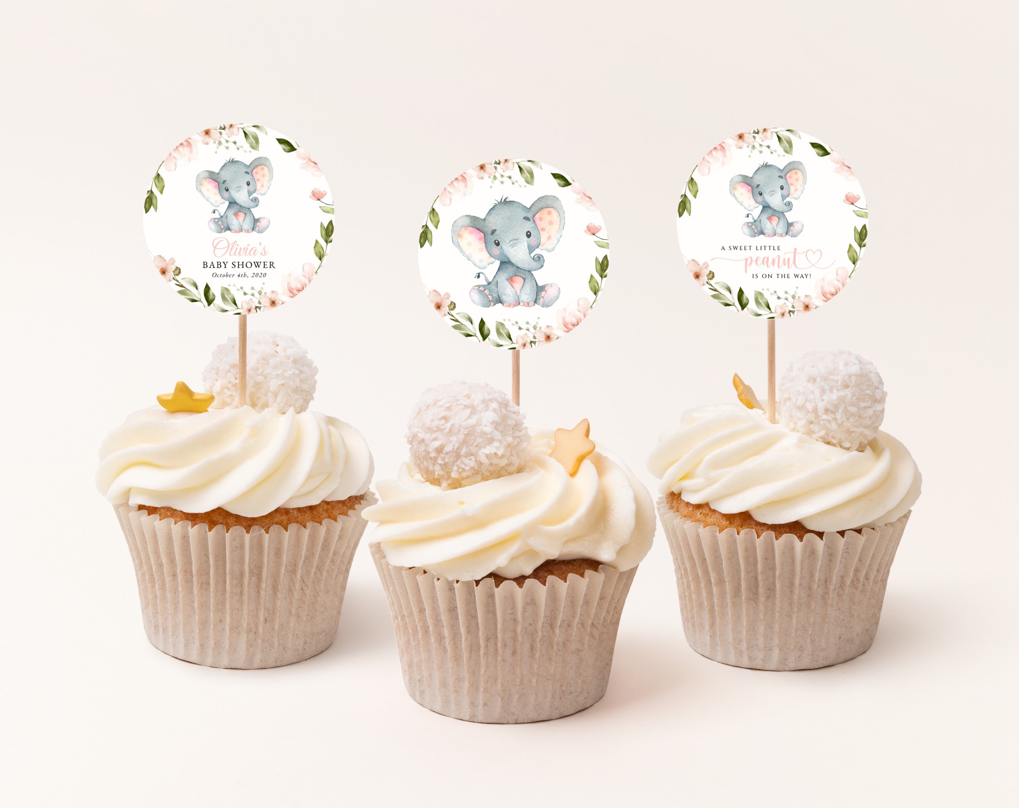 Little Elephant Cupcake Toppers, Baby Shower Decoration, Girl Baby Shower, Printable File, Edit Yourself, SH07