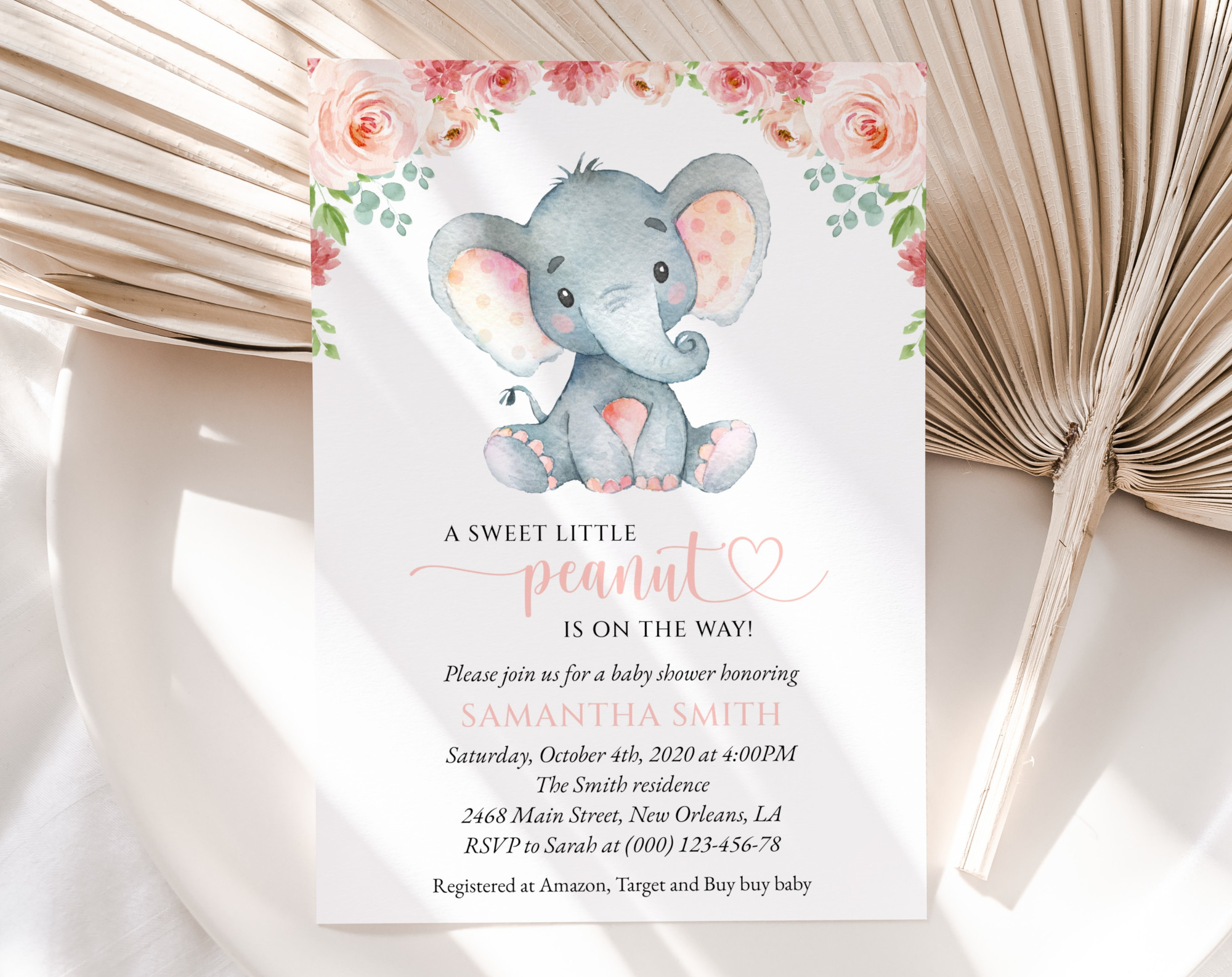 Little Elephant Baby Shower Invitation, Girl Baby Shower, Printable File, Edit Yourself, SH07