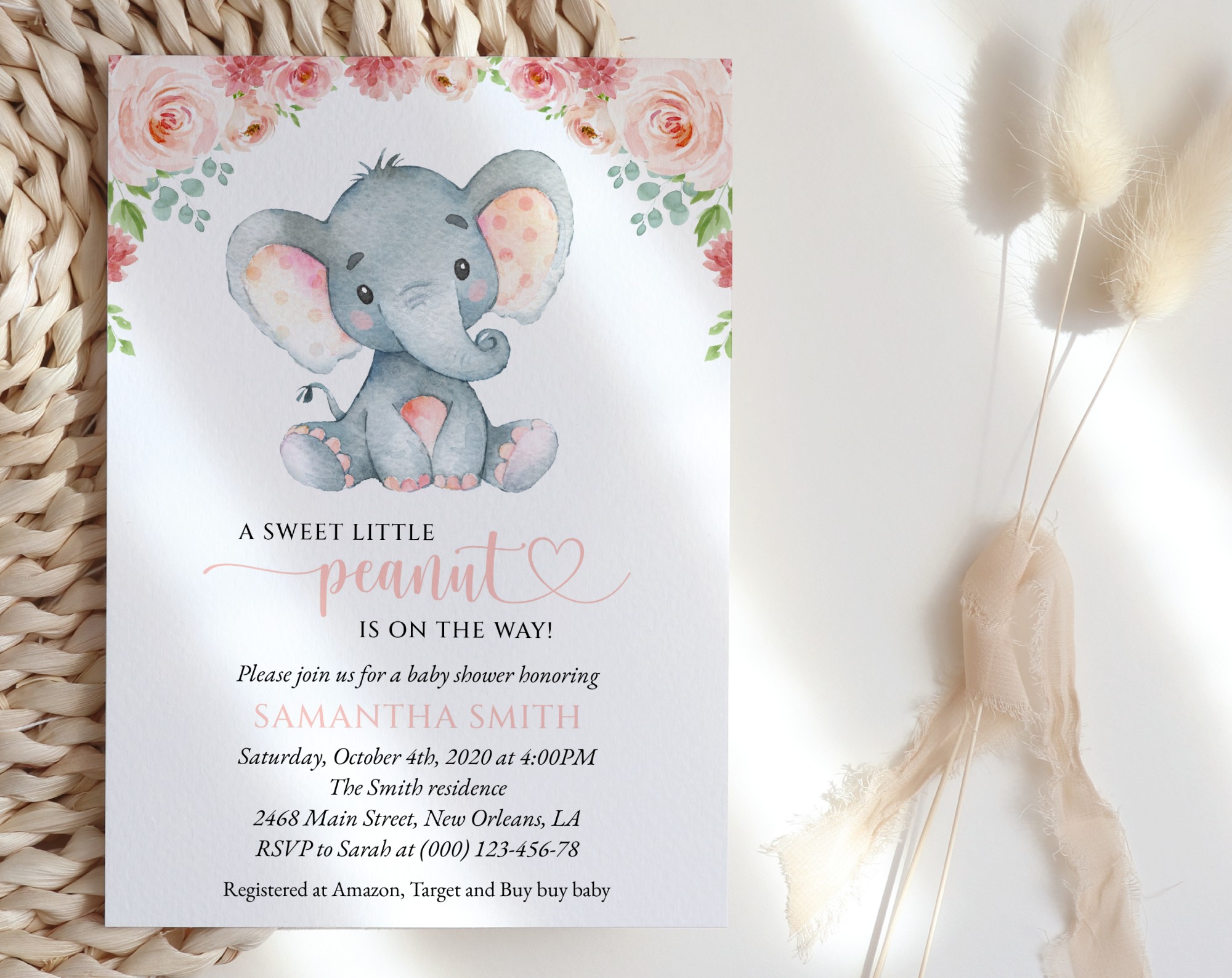 Little Elephant Baby Shower Invitation, Girl Baby Shower, Printable File, Edit Yourself, SH07