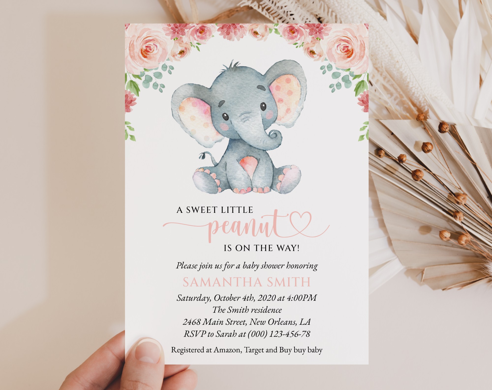 Little Elephant Baby Shower Invitation, Girl Baby Shower, Printable File, Edit Yourself, SH07