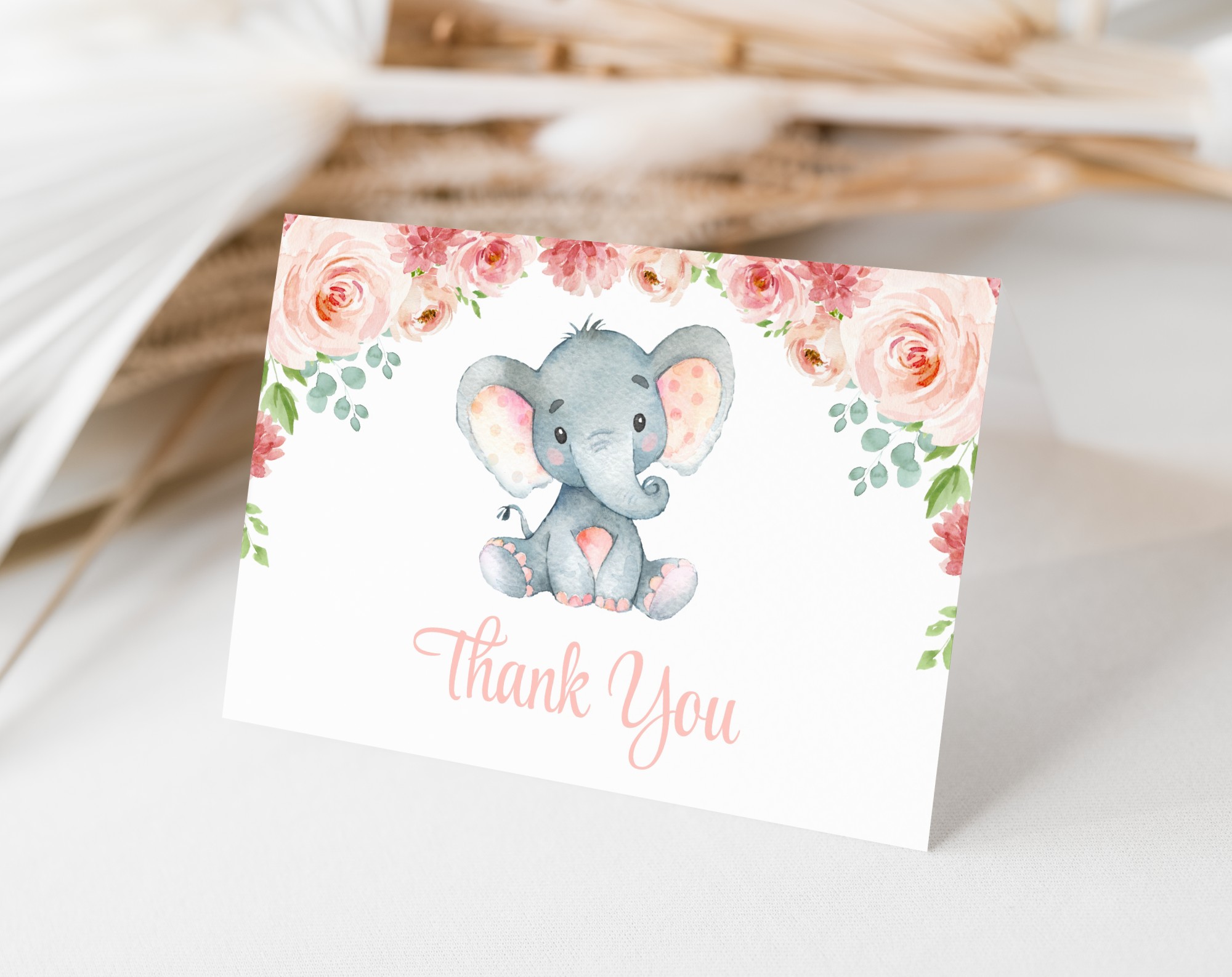 Little Elephant Thank You Card, Girl Baby Shower, Printable File, Edit Yourself, SH07