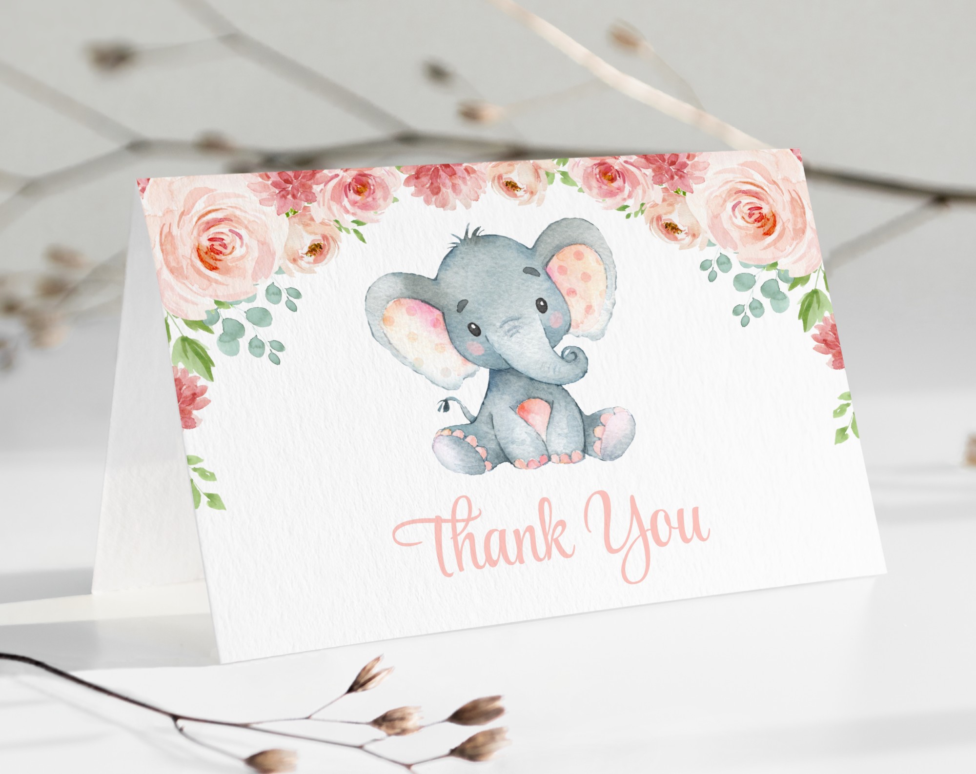 Little Elephant Thank You Card, Girl Baby Shower, Printable File, Edit Yourself, SH07