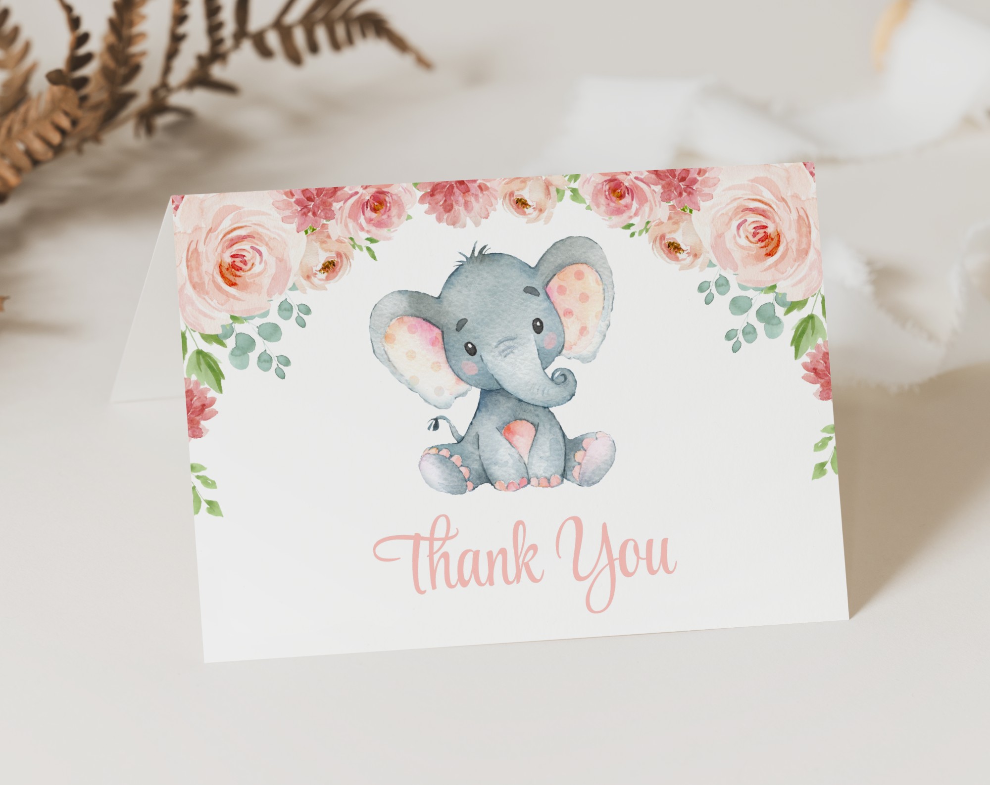 Little Elephant Thank You Card, Girl Baby Shower, Printable File, Edit Yourself, SH07 Little Elephant Thank You Card, Girl Baby Shower, Printable File, Edit Yourself, SH07