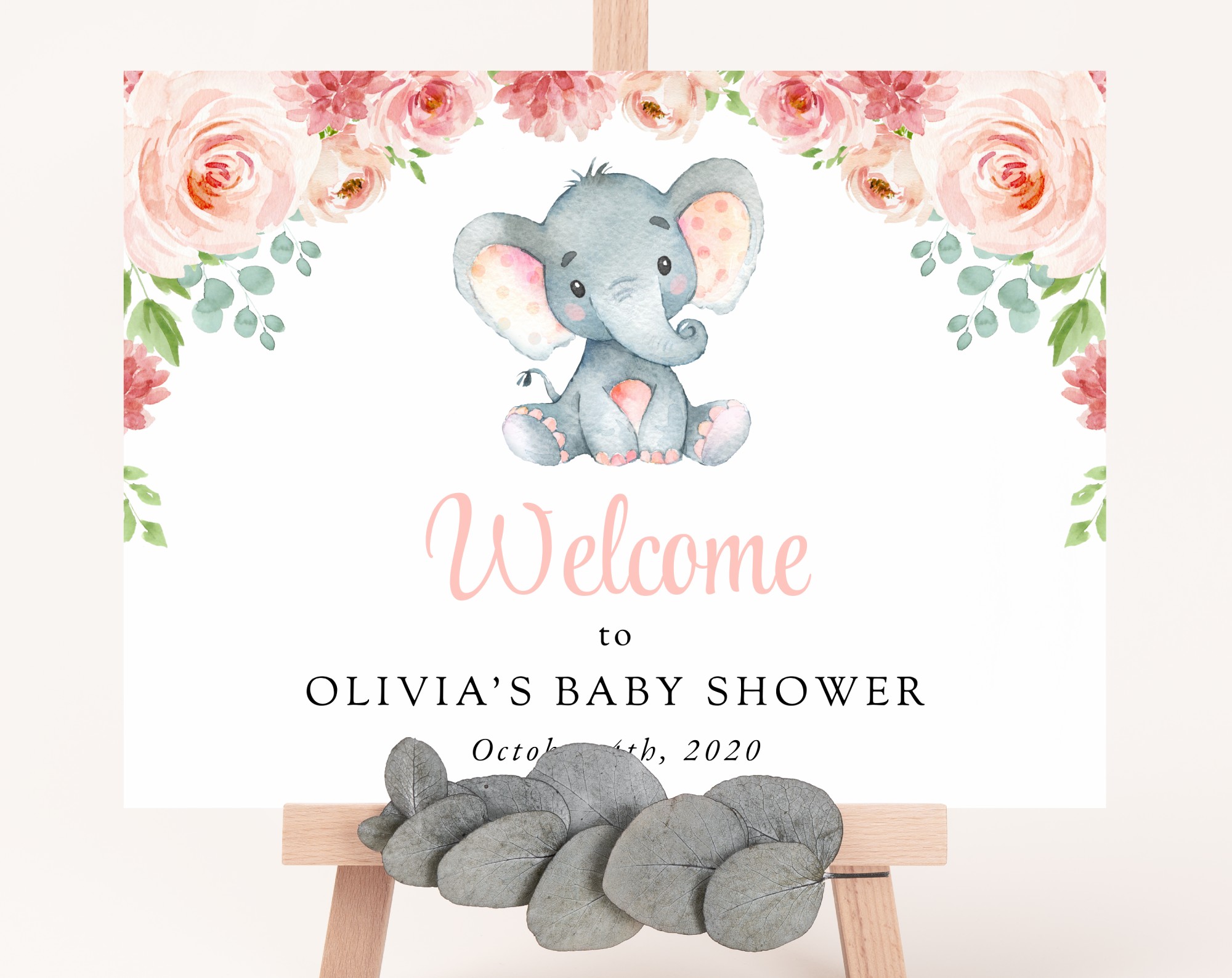 Little Elephant Welcome Sign, Baby Shower Sign, Girl Baby Shower, Printable File, Edit Yourself, SH07