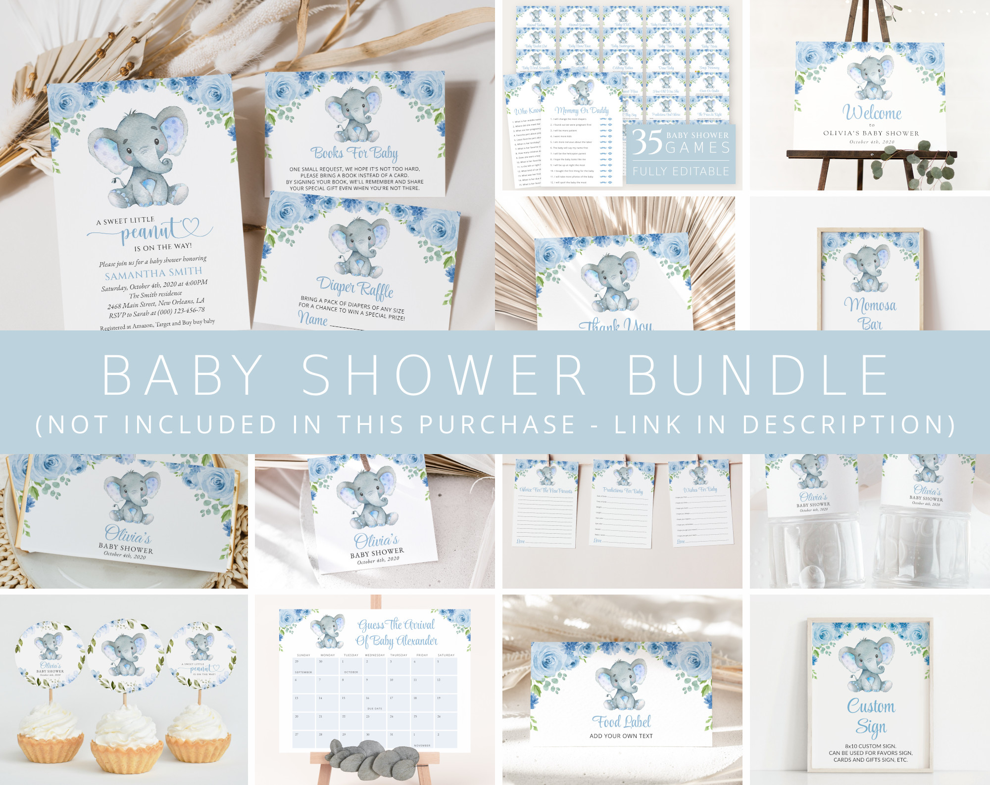 Baby Elephant Baby Shower Bundle, Boy Baby Shower, Printable File, Edit Yourself, SH08