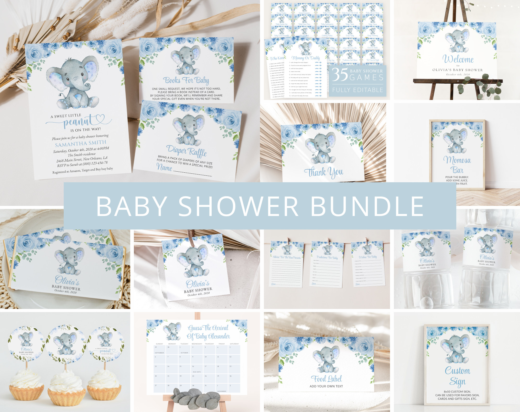 Baby Elephant Baby Shower Bundle, Boy Baby Shower, Printable File, Edit Yourself, SH08 Baby Elephant Baby Shower Bundle, Boy Baby Shower, Printable File, Edit Yourself, SH08