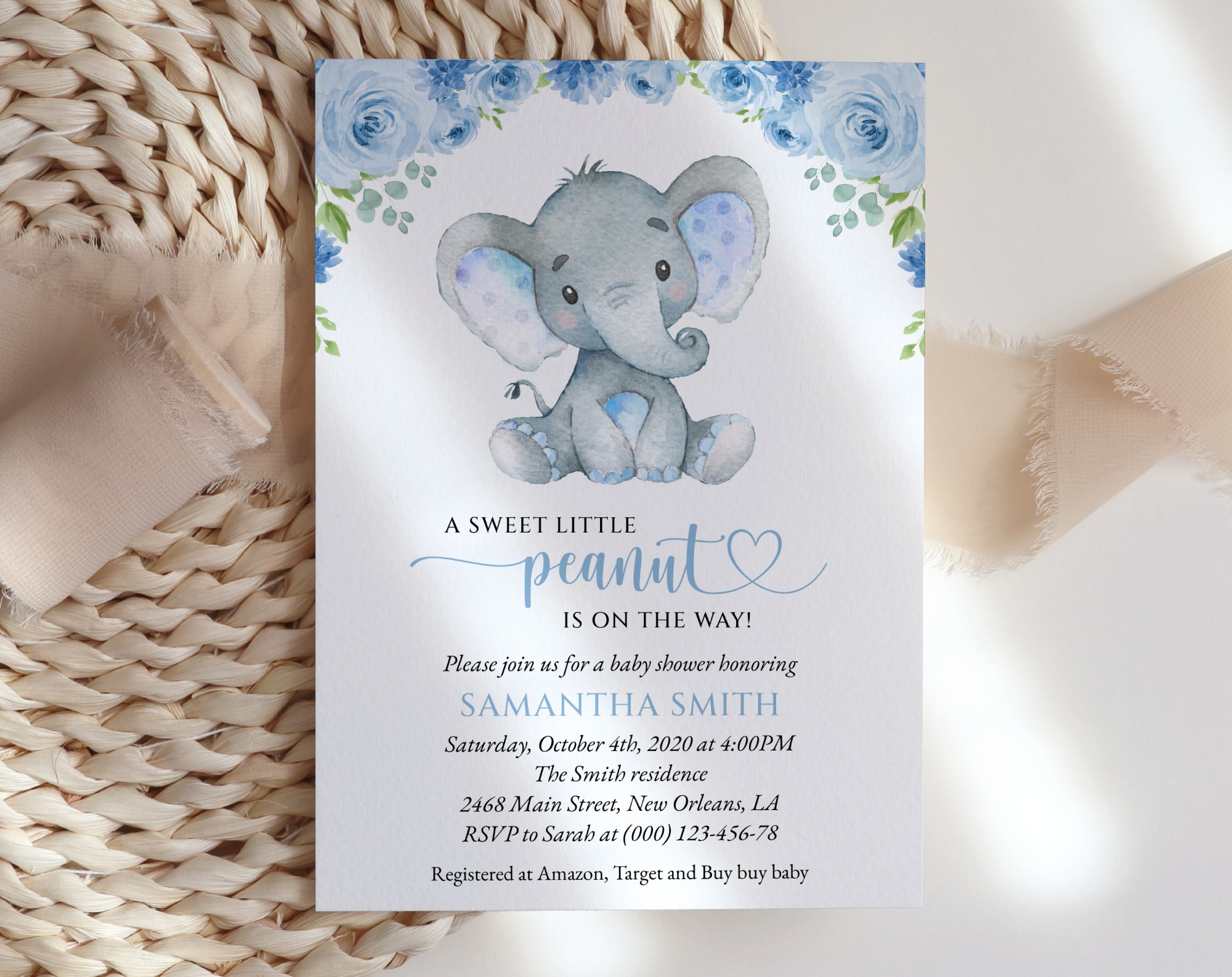 Baby Elephant Baby Shower Invitation, Boy Baby Shower, Printable File, Edit Yourself, SH08
