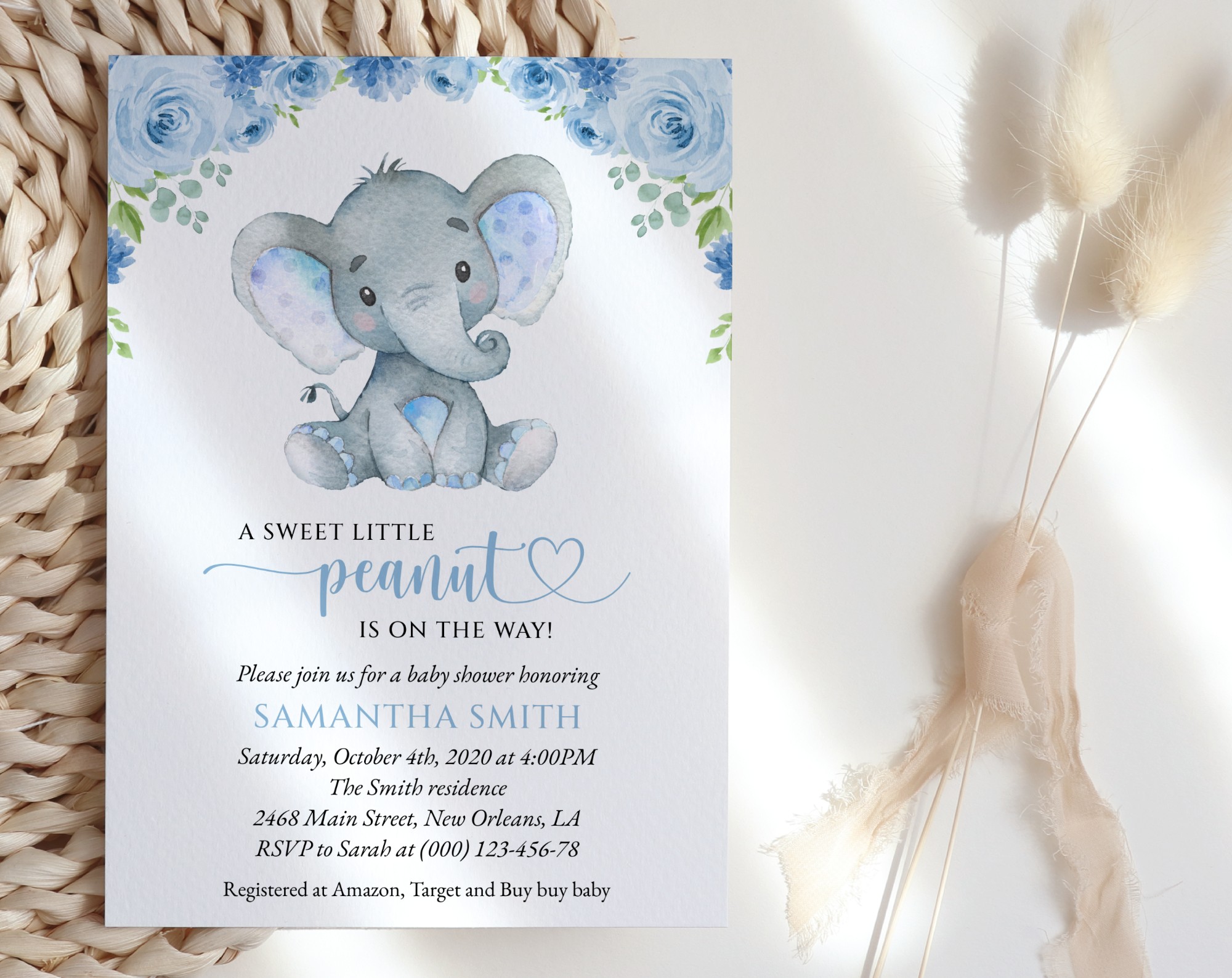 Baby Elephant Baby Shower Invitation, Boy Baby Shower, Printable File, Edit Yourself, SH08