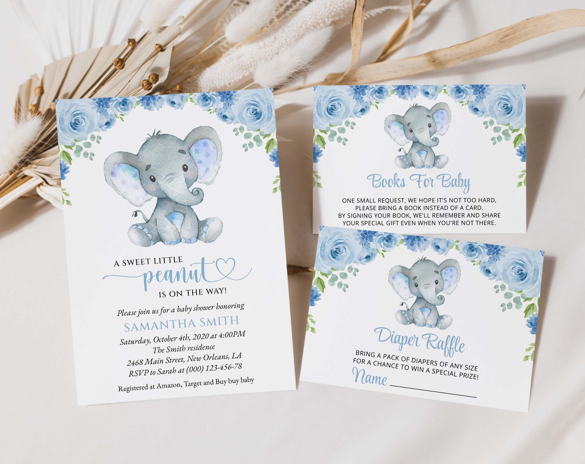 Baby Elephant Baby Shower Invitation Suite, Boy Baby Shower, Printable File, Edit Yourself, SH08