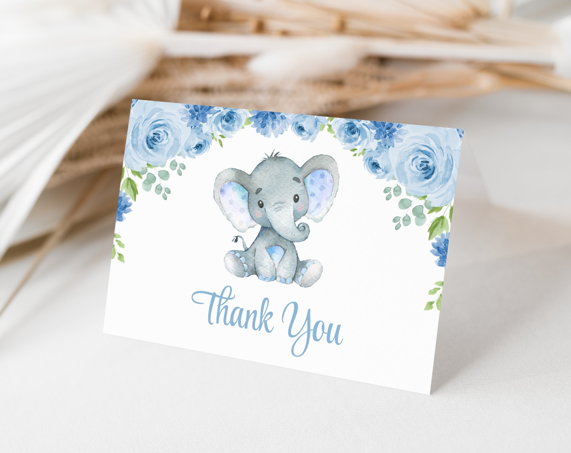 Baby Elephant Thank You Card, Boy Baby Shower, Printable File, Edit Yourself, SH08