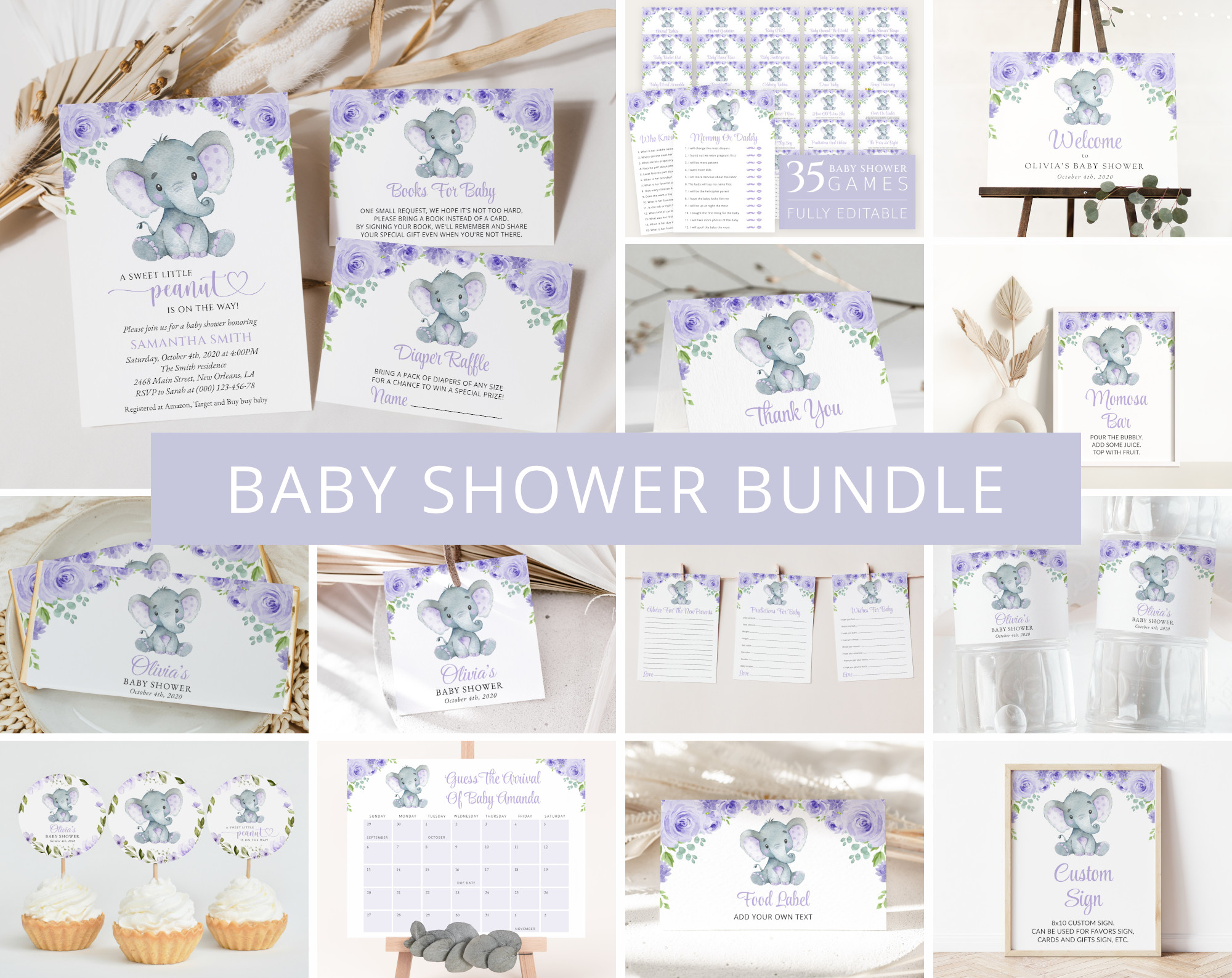 Cute Elephant Baby Shower Bundle, Girl Baby Shower, Printable File, Edit Yourself, SH18 Cute Elephant Baby Shower Bundle, Girl Baby Shower, Printable File, Edit Yourself, SH18