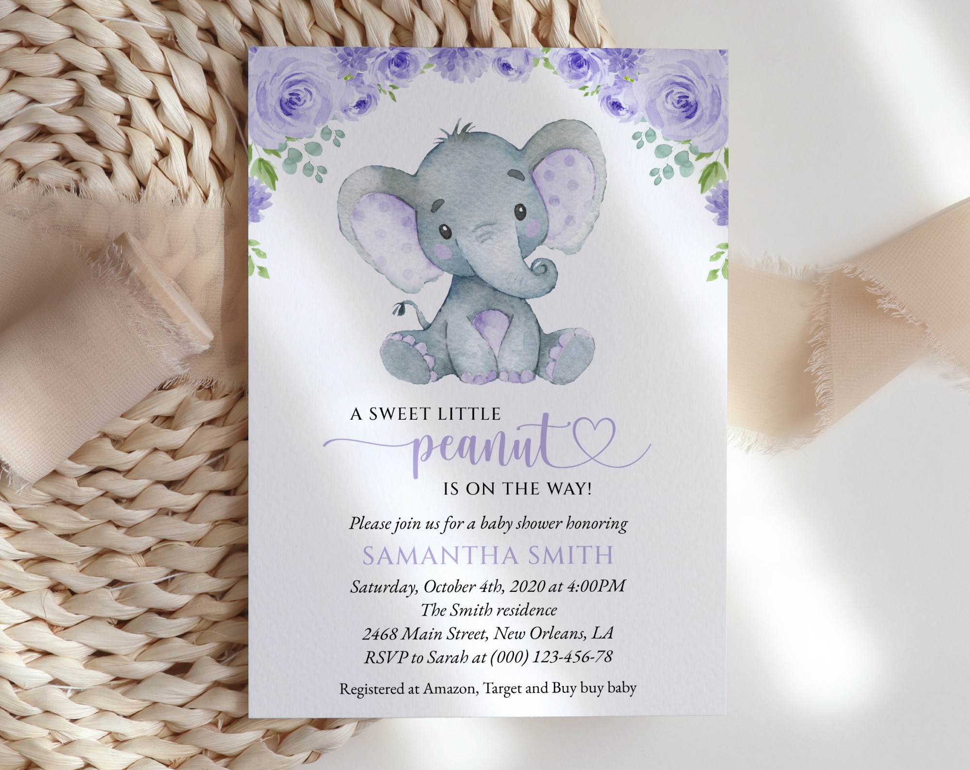 Cute Elephant Baby Shower Invitation, Girl Baby Shower, Printable File, Edit Yourself, SH18