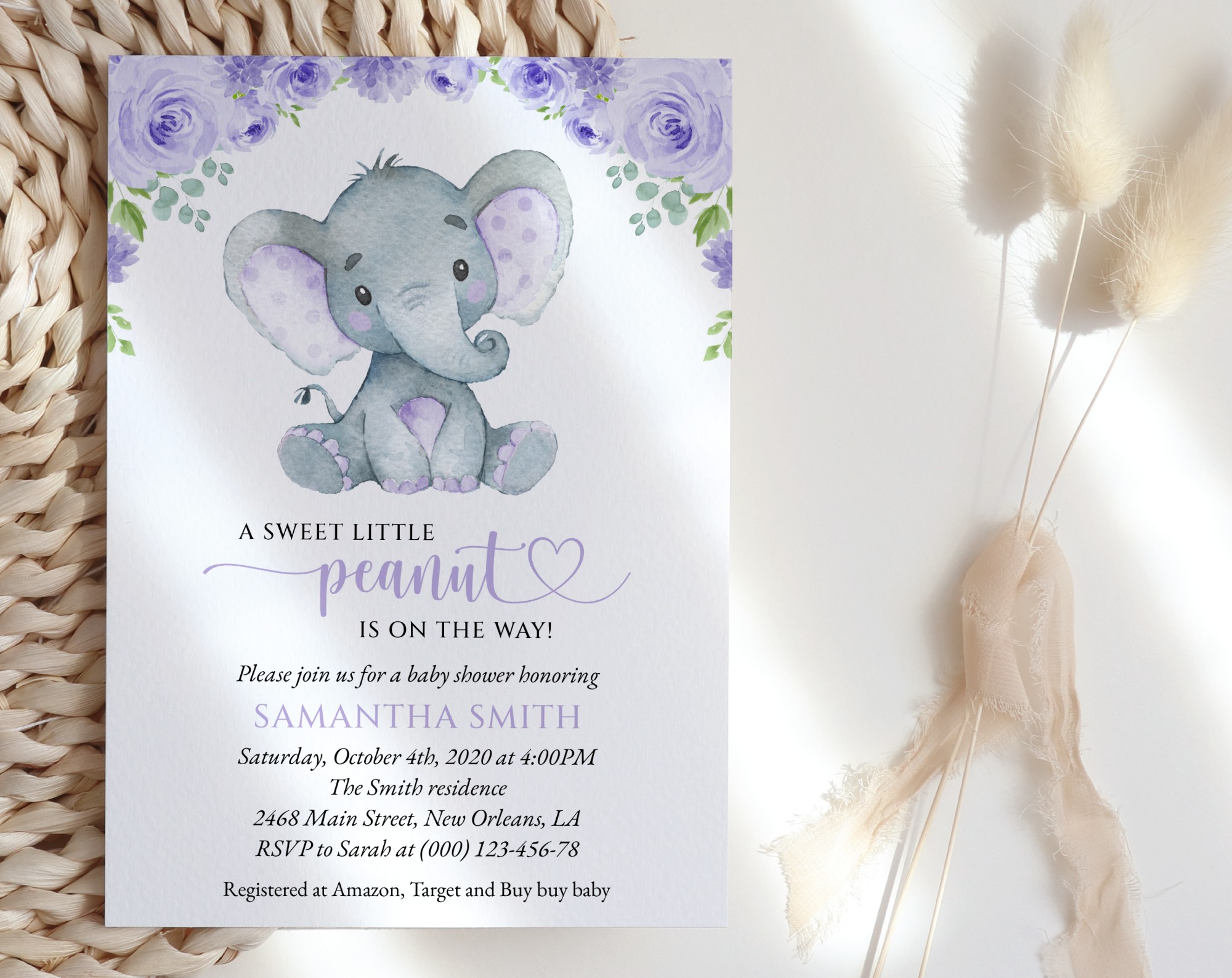 Cute Elephant Baby Shower Invitation, Girl Baby Shower, Printable File, Edit Yourself, SH18